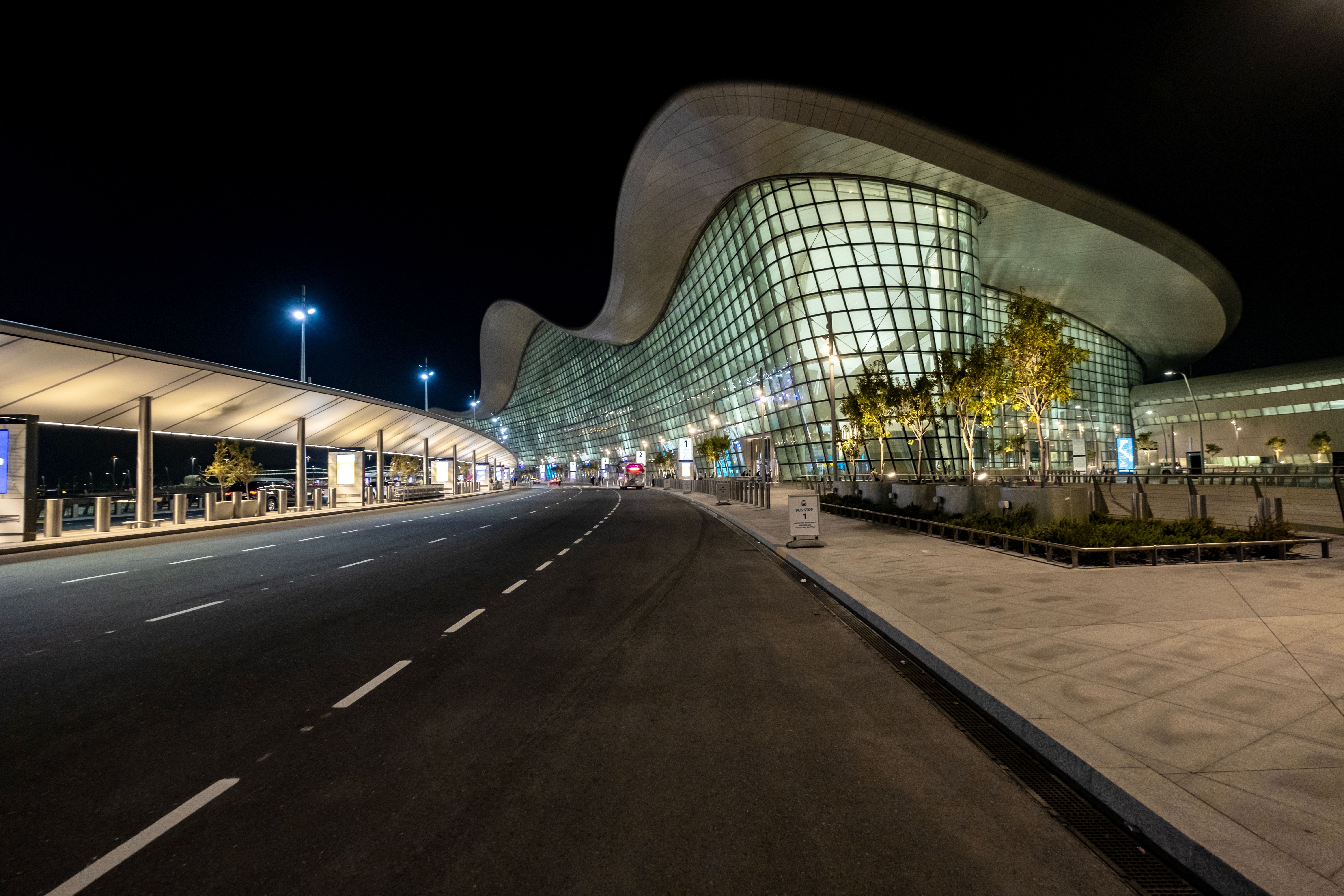 The exterior of the new airport at Abu Dhabi taken in a night view.