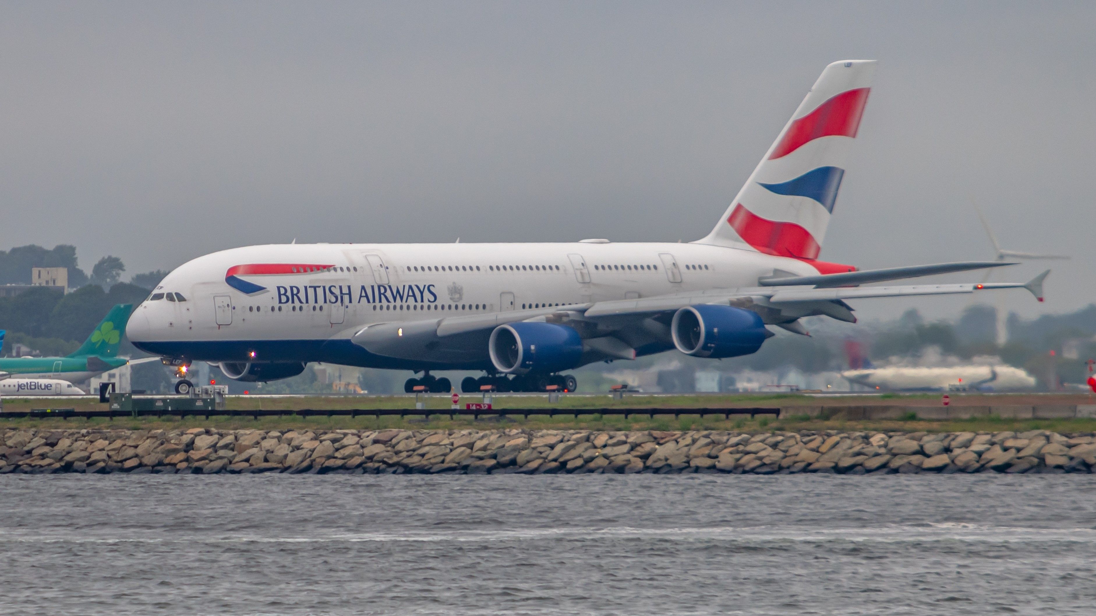A British Airways Airbus A380 on the apron at Boston Logan International Airport.