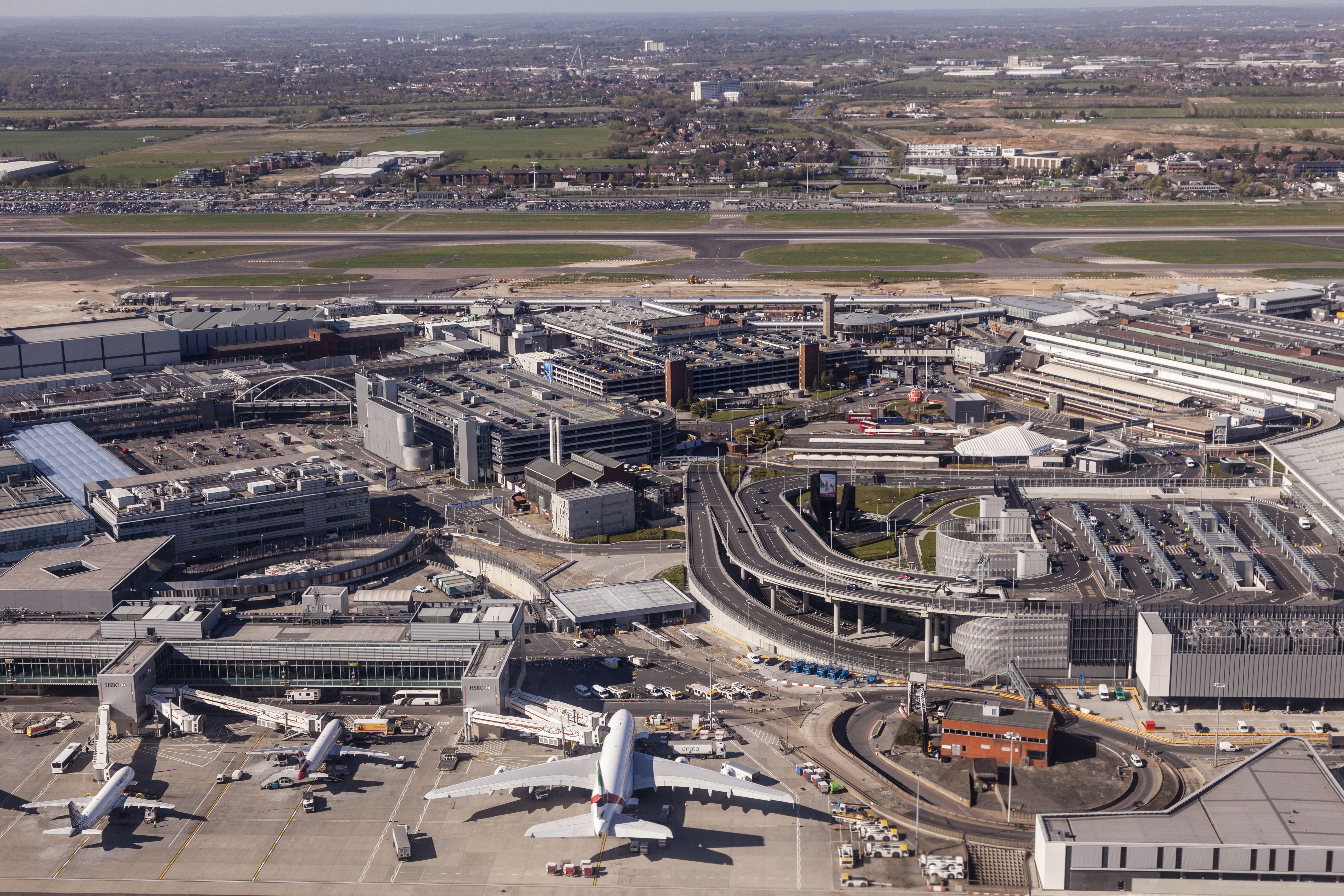 An Aerial View of London Heathrow Airport's Terminals 1, 2, and 3.