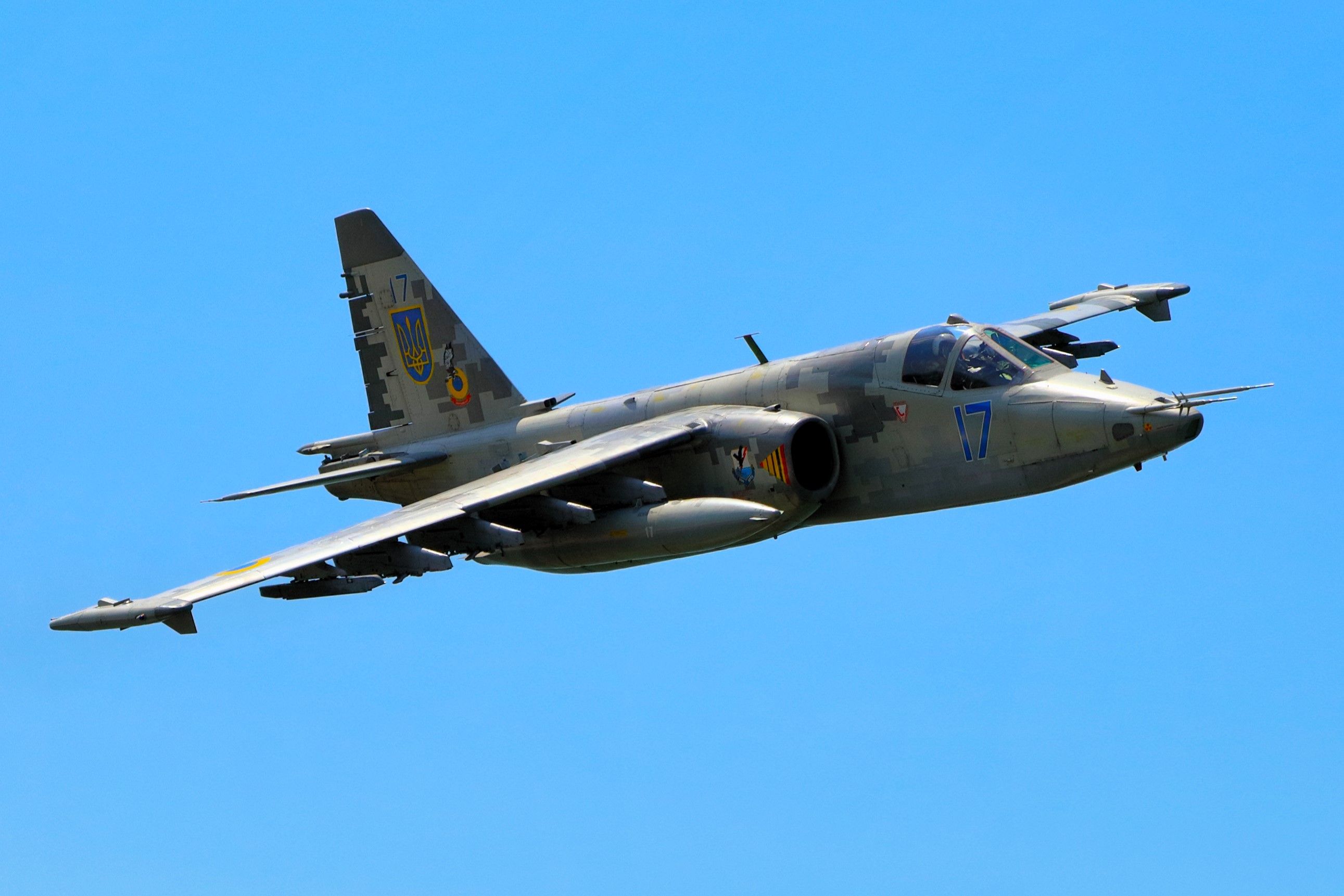 A Ukrainian Air Force Sukhoi Su-25 flying in the sky.