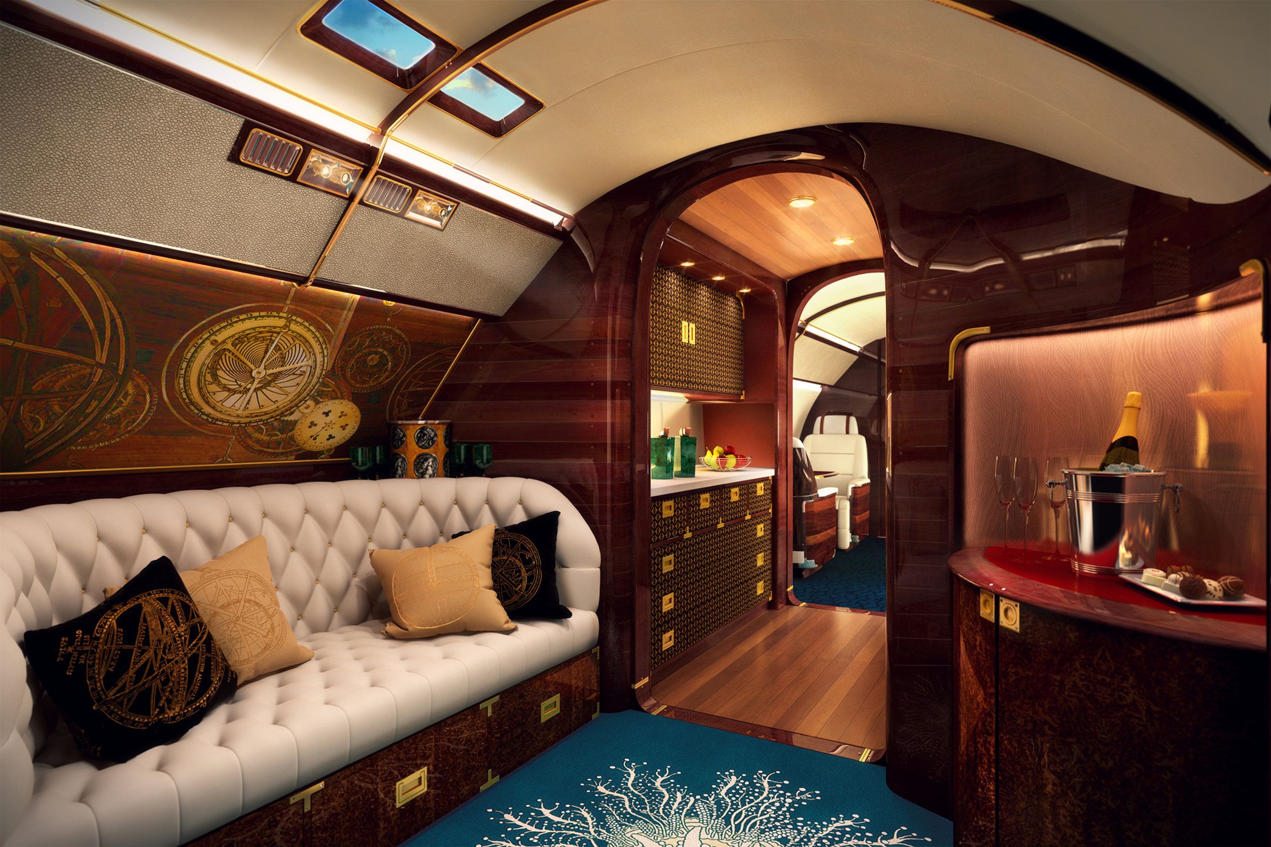 Inside the cabin of the Embraer Lineage 1000 Sky Yacht One.