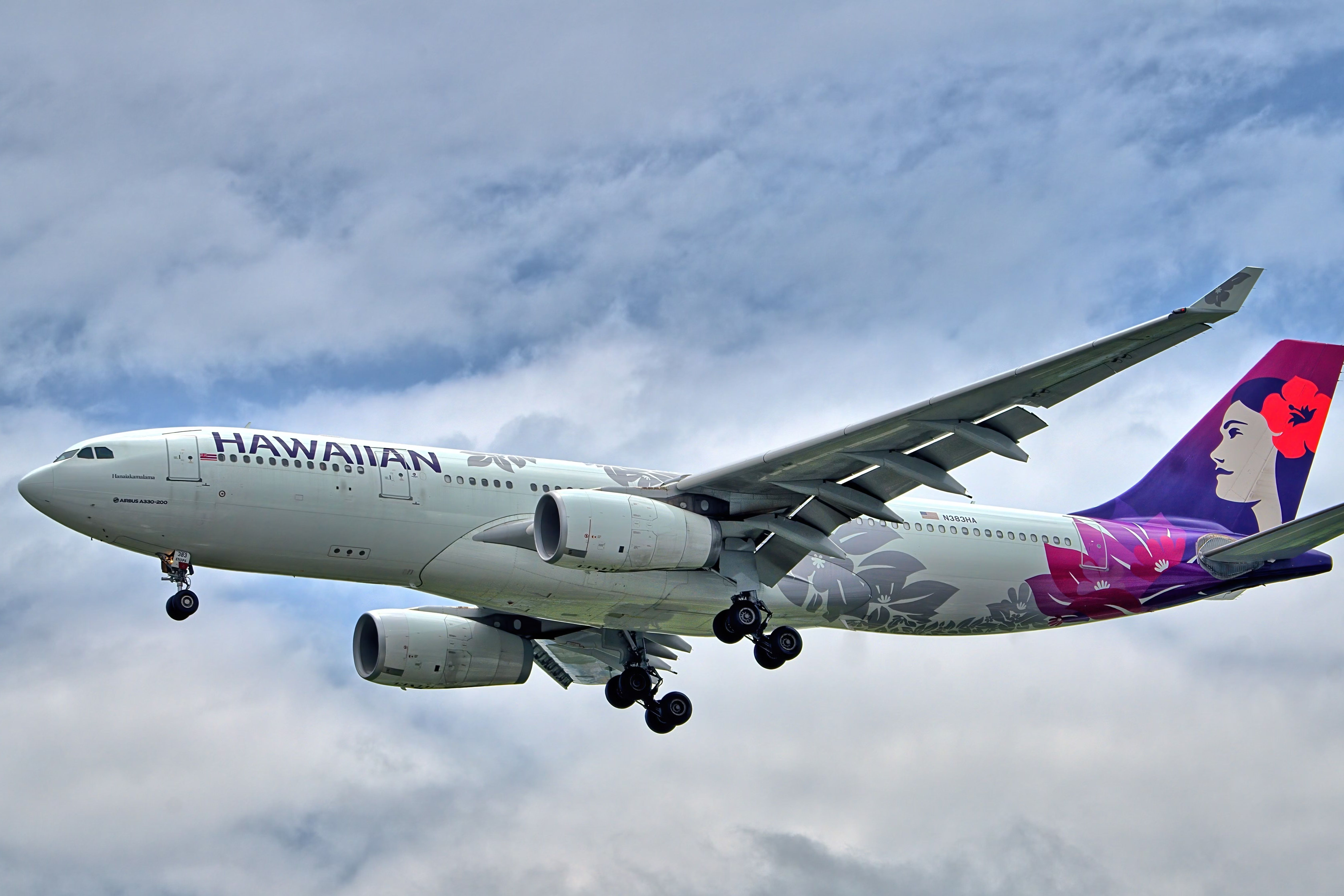 A Hawaiian Airbus A330-200 Flying in the sky.