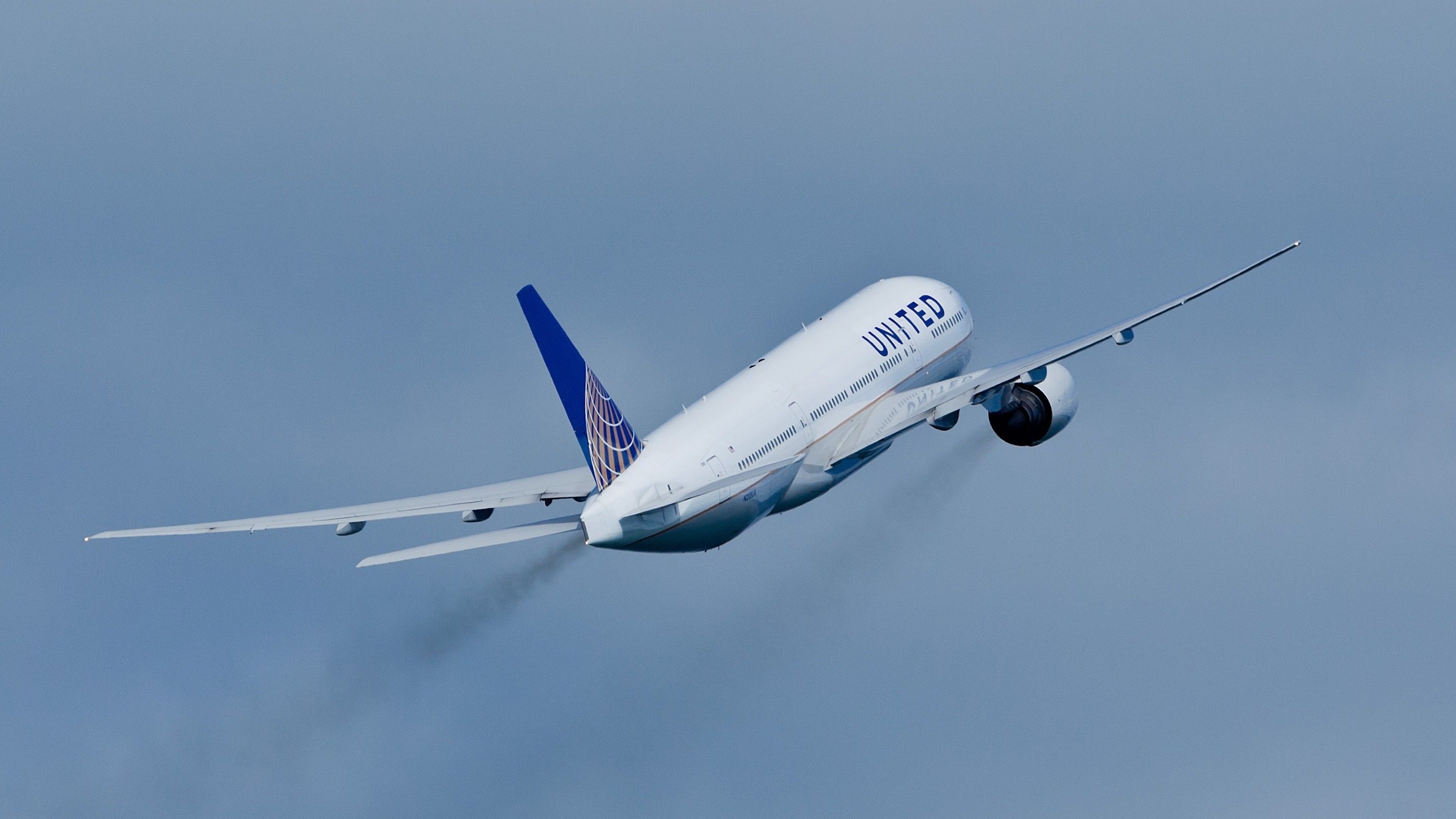 A United Airlines Boeing 777-200 just after take off.