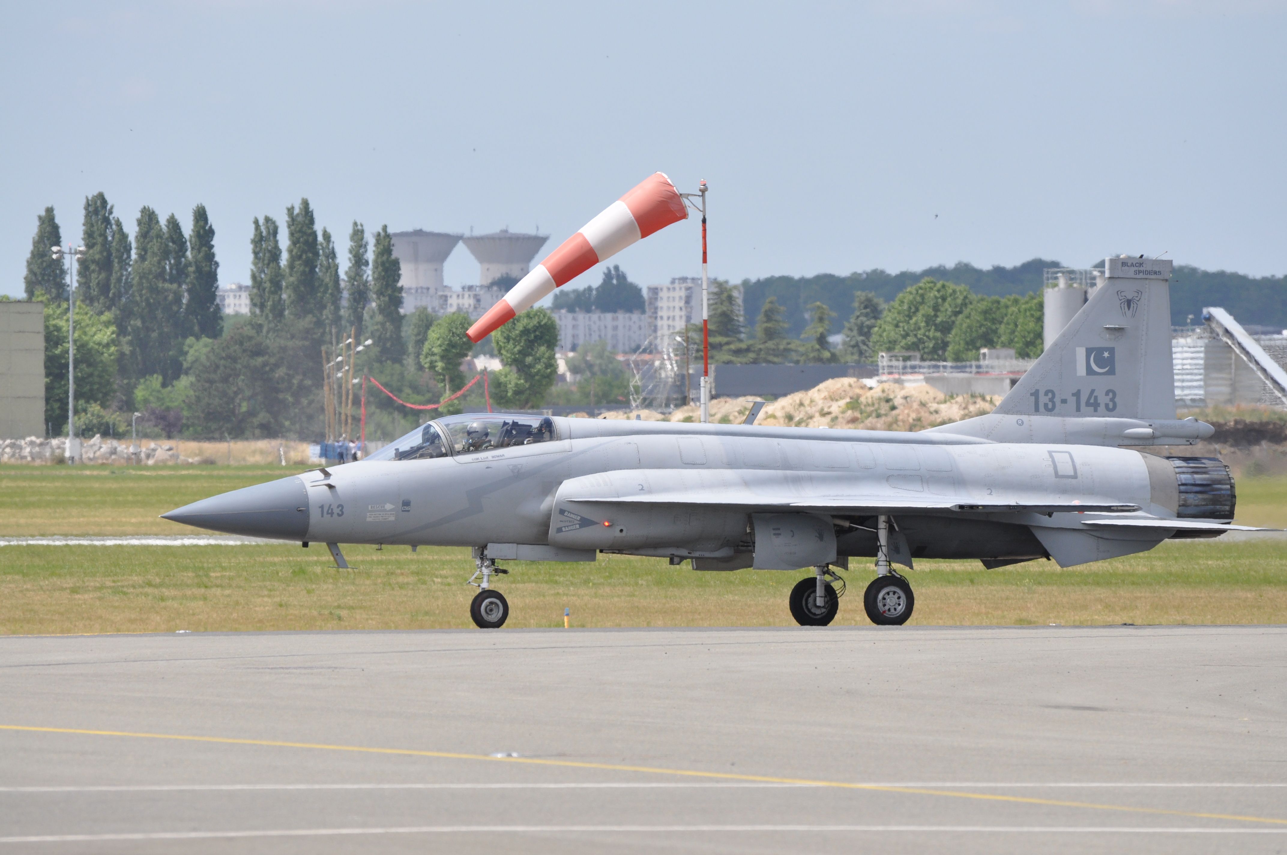 A PAF JF-17 on the apron at the Le Bourget Airport.