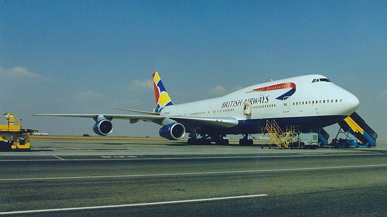 A British Airways Boeing 747-436 parked on an airport apron.