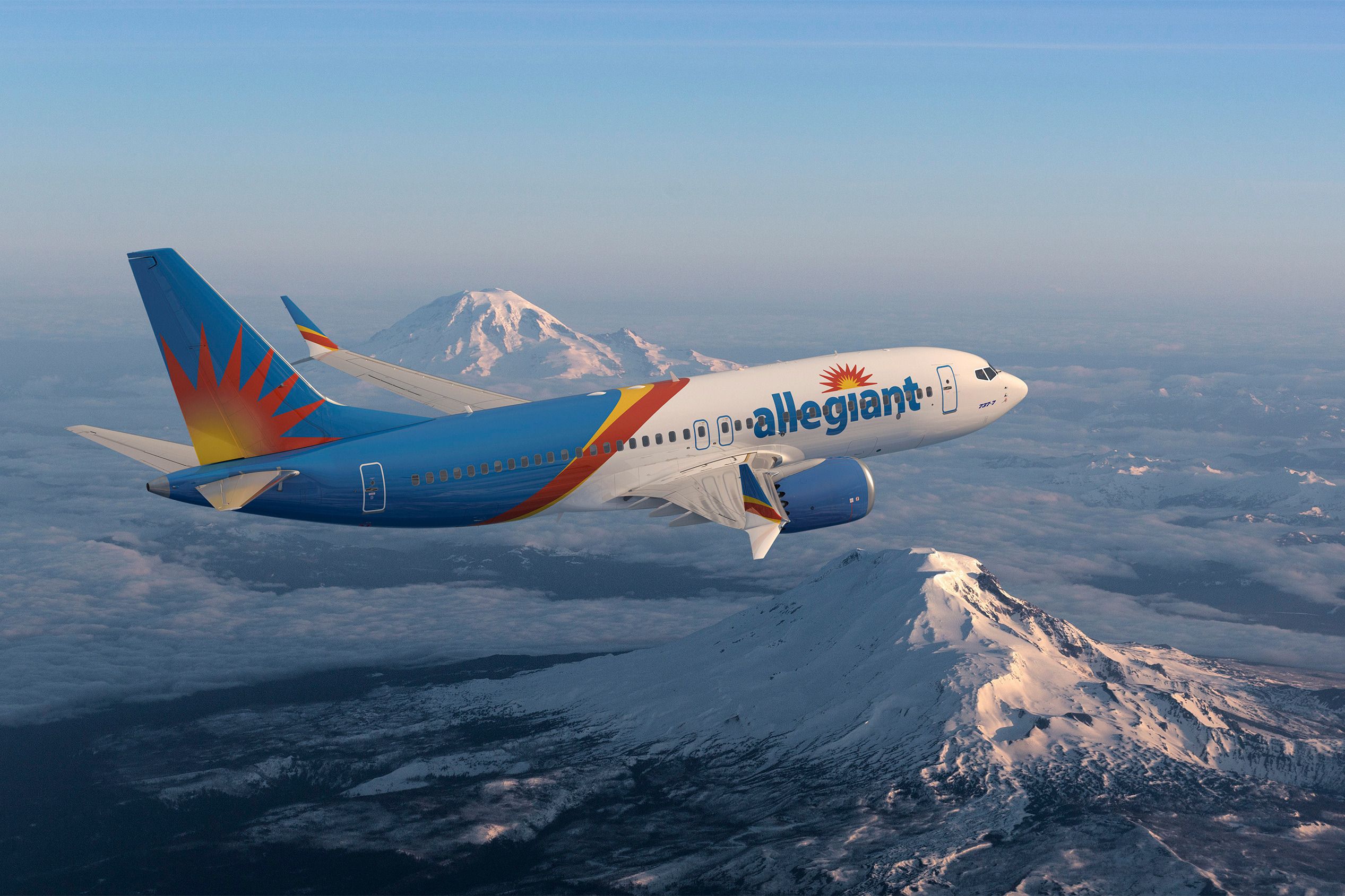 Allegiant Air Boeing 737 MAX above Mount Rainier and Adams