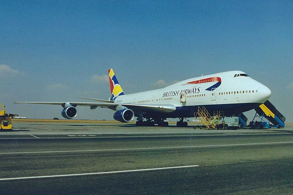 A British Airways Boeing 747-436 parked on an airport apron.