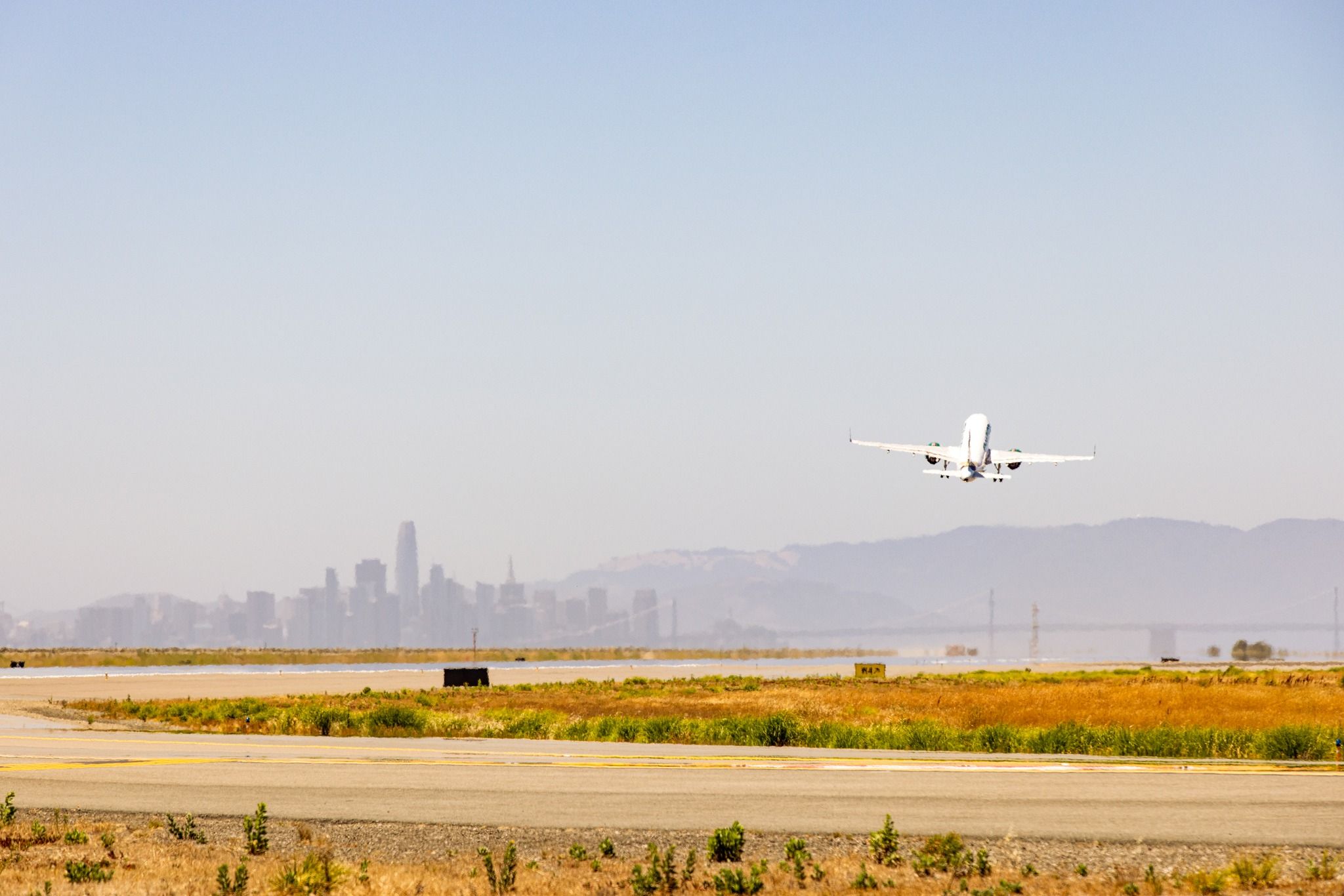 Airbus aircraft taking off from Metropolitan Oakland International Airport.