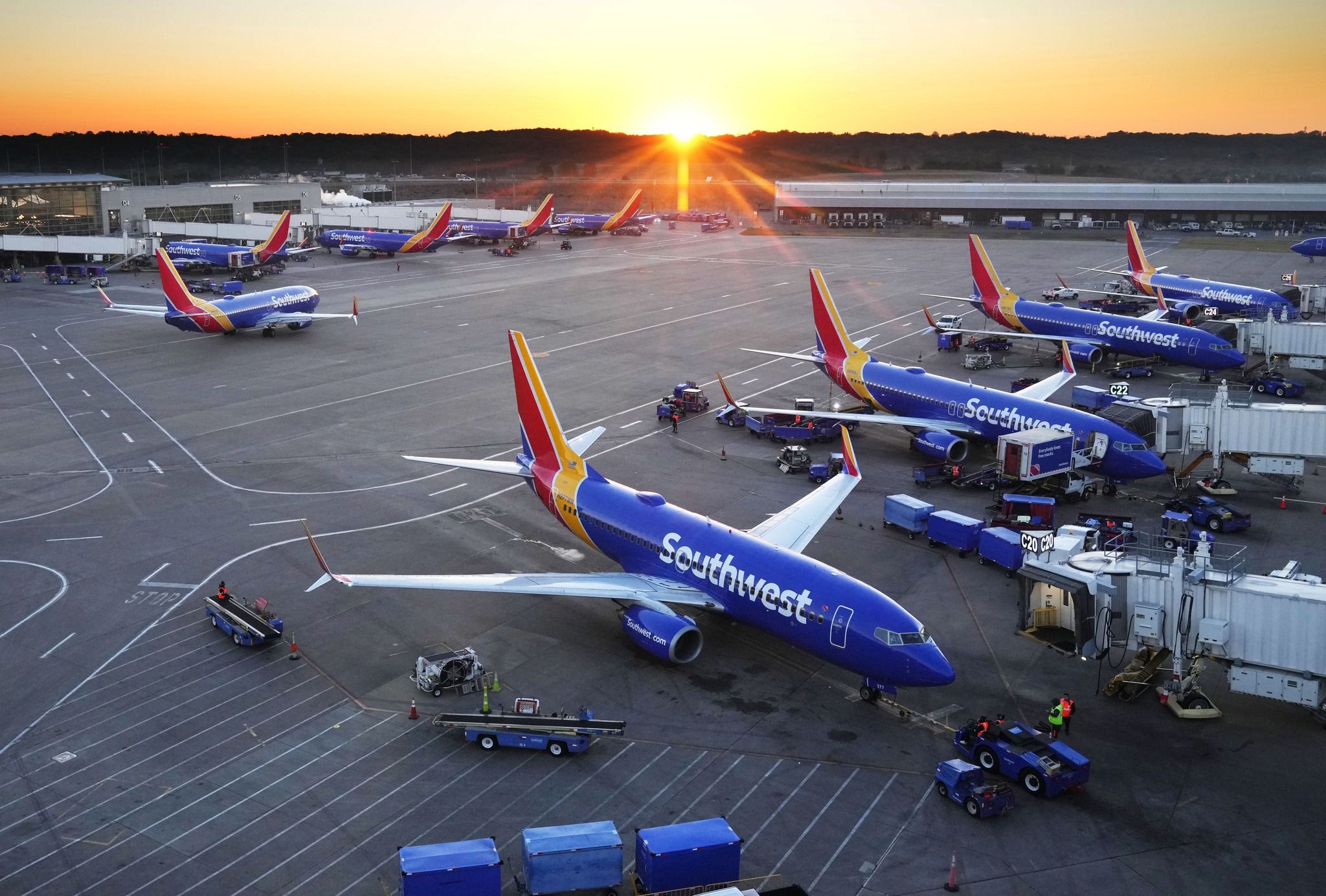 Several Southwest Airlines Boeing 737 aircraft on the apron at Nashville International Airport.