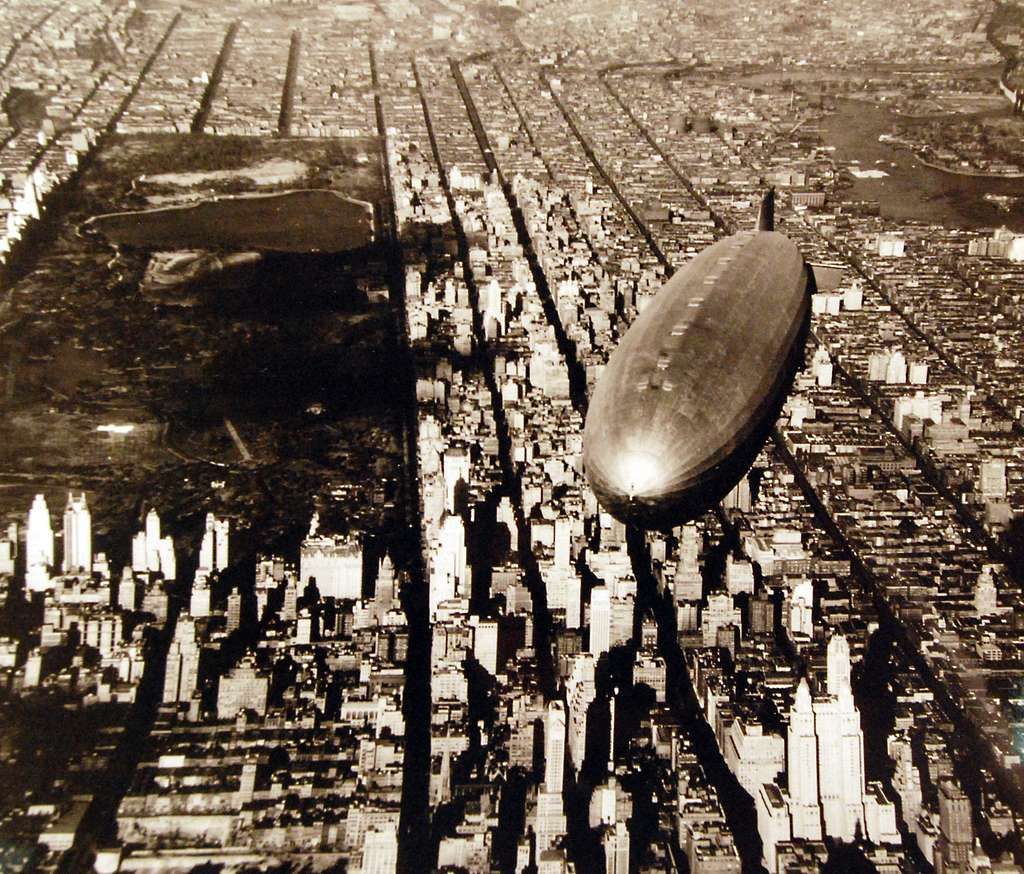The USS Akron (ZRS-4) flying over Central Park in New York City.