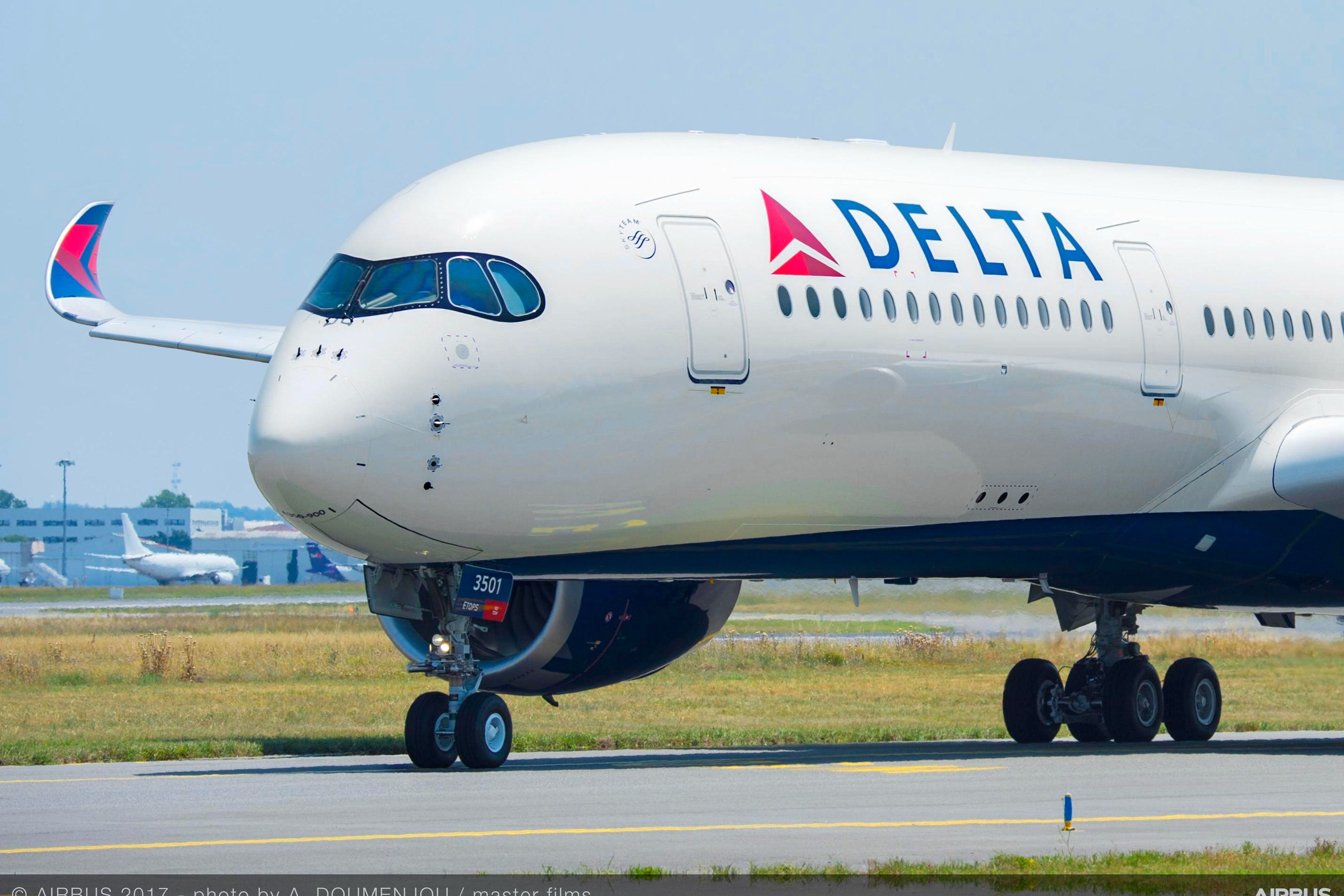 A Delta Air Lines A350-900 on an airport apron.