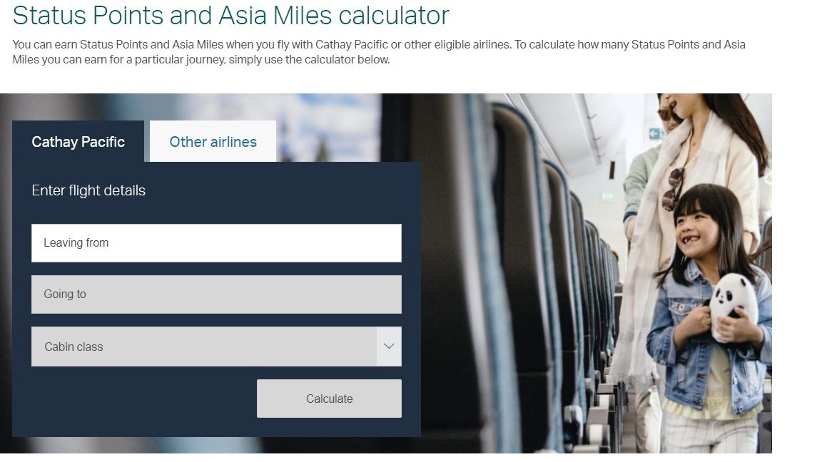 A screenshot of the Cathay Pacific miles calculator.