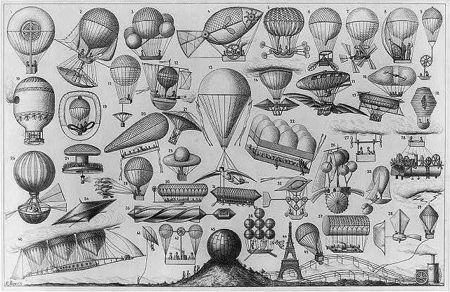 Sketches of balloons and early flying machines.