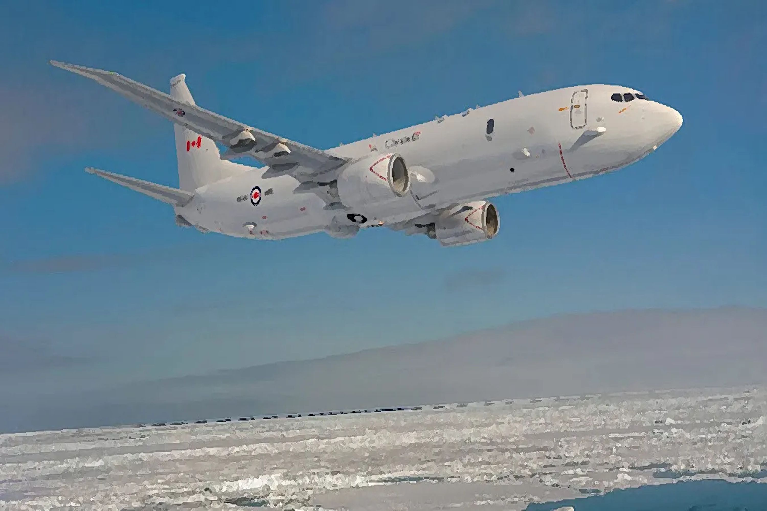 A Boeing P8 Poseidon flying over ice