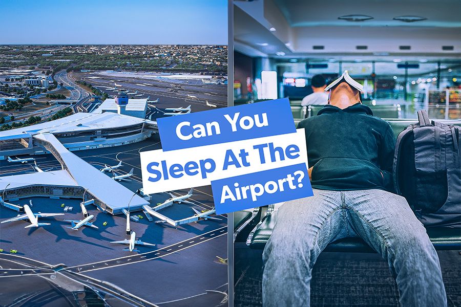 An aerial view of New York JFK Airport next to a photo of a person sleeping in the departure hall of an airport.