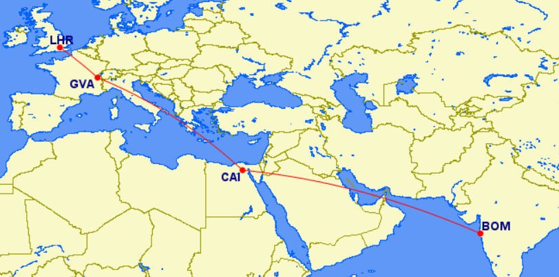 A map showing the flight path from London to Geneva, to Cairo, and finally Bombay.