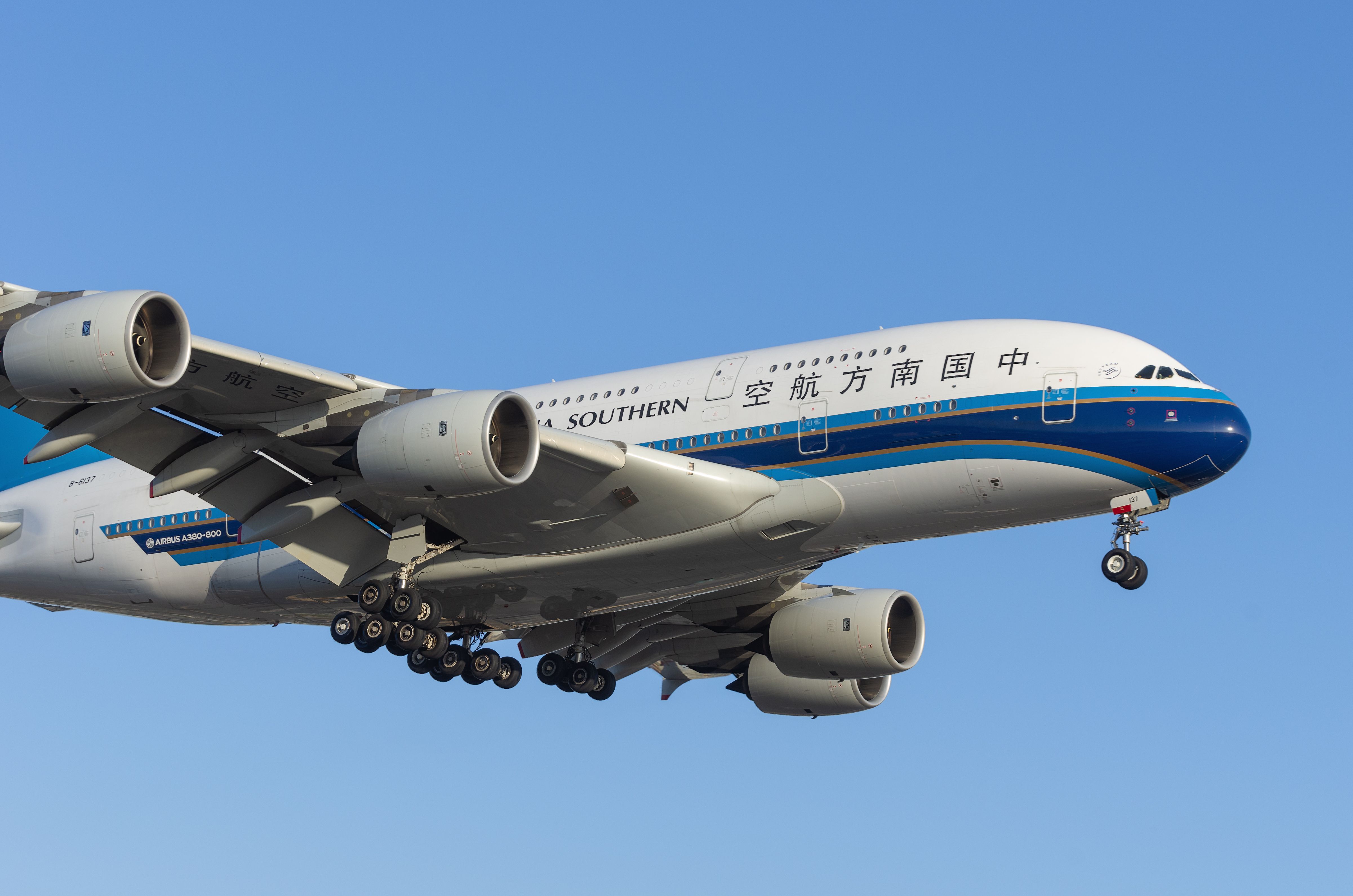 A China Southern Airlines Airbus A380 flying in the sky.