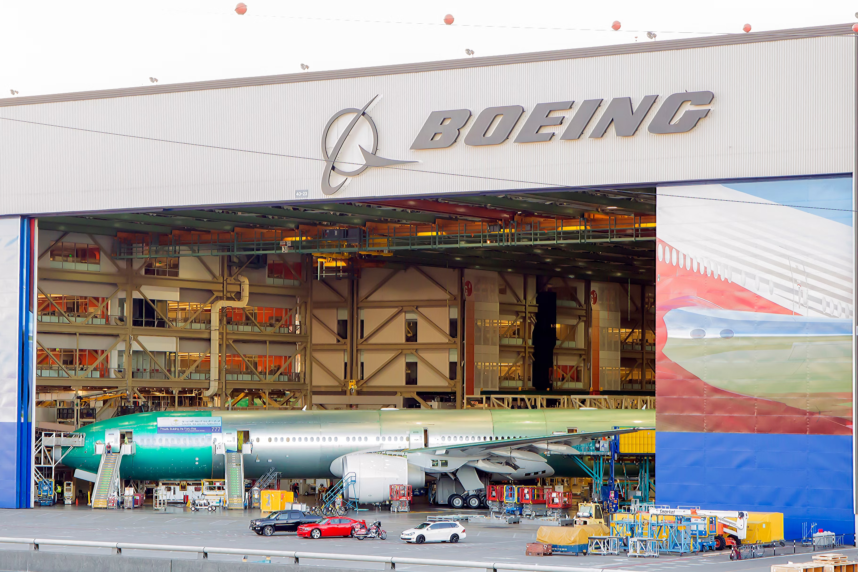 A partially finished plane at the Boeing factory in Everett, Washington