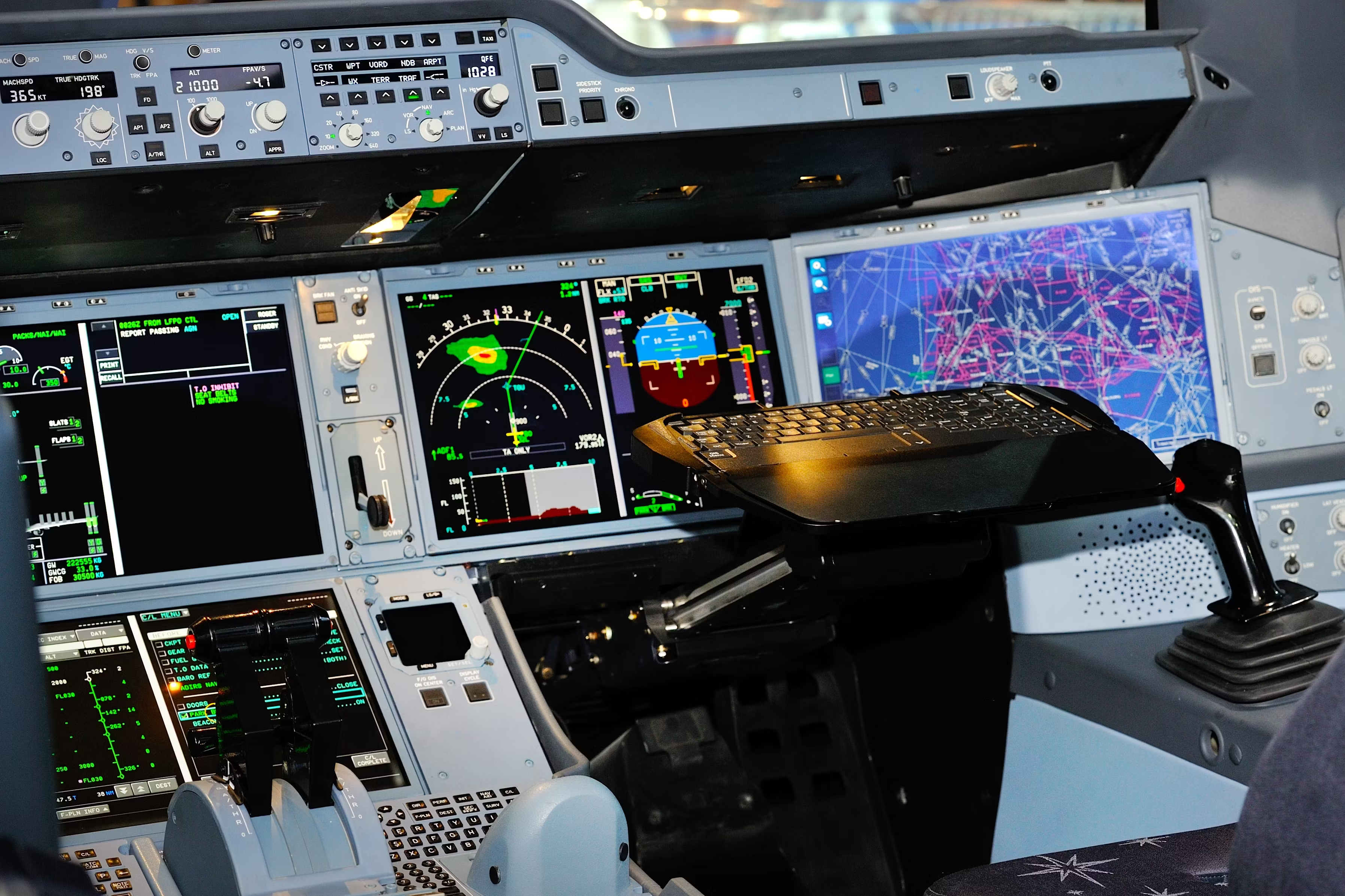 Inside the cockpit of an Airbus A350 with a weather map displayed.