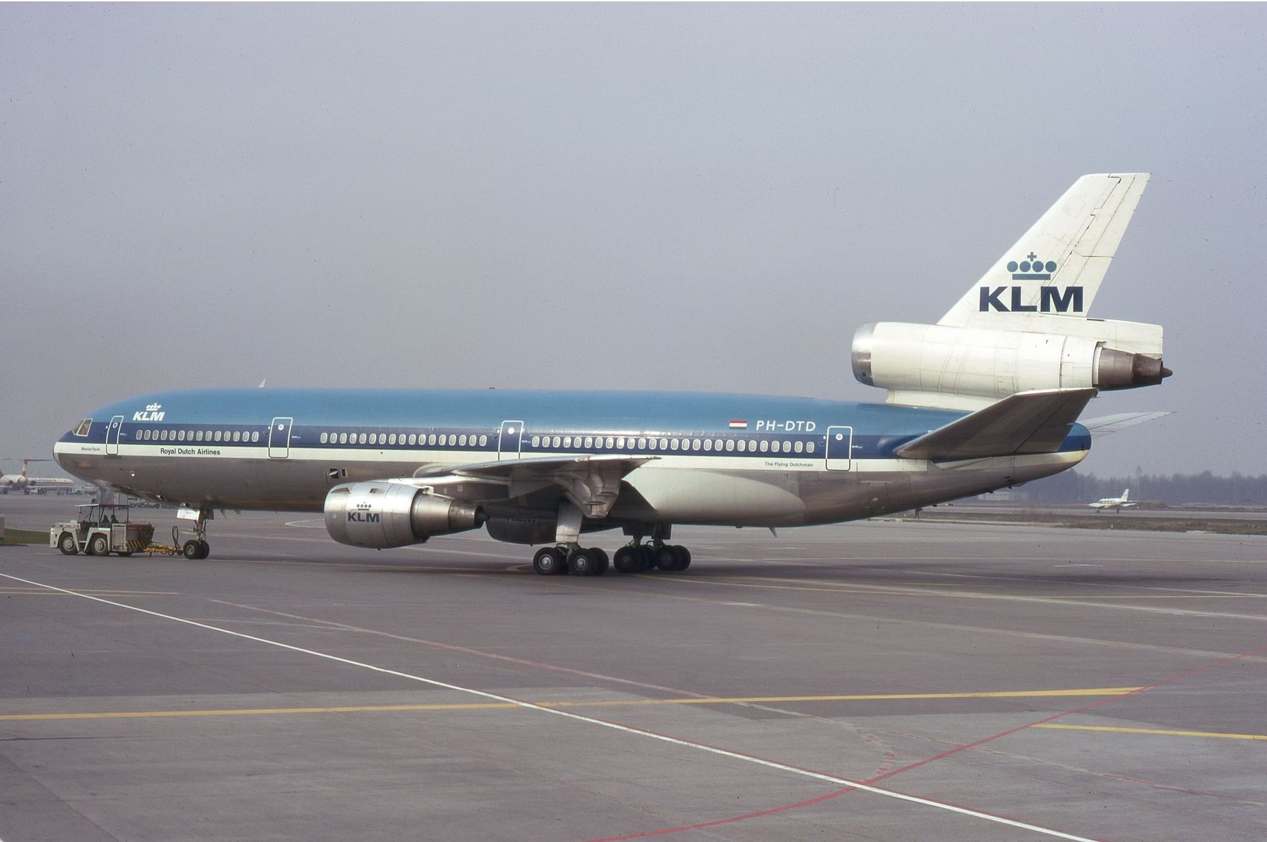 A KLM McDonnell Douglas DC-10 on an airport apron.