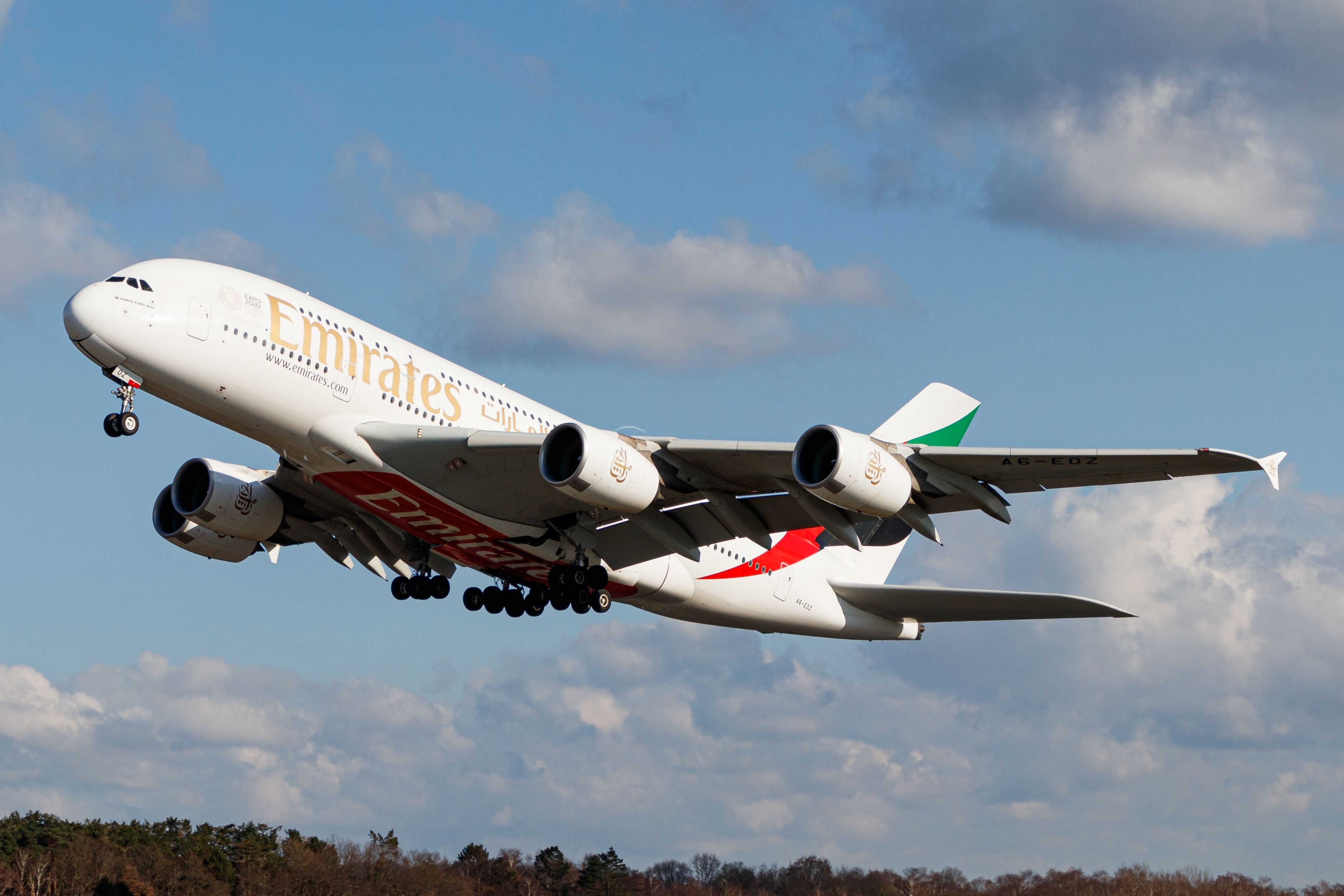 An Emirates Airbus A380 just after taking off.