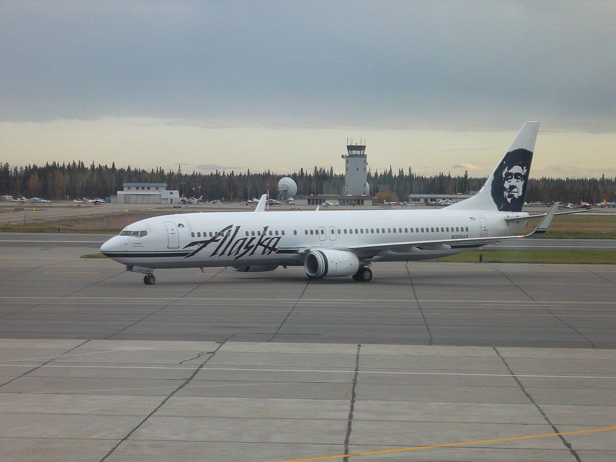An Alaska Airlines aircraft on the apron at Fairbanks International Airport.
