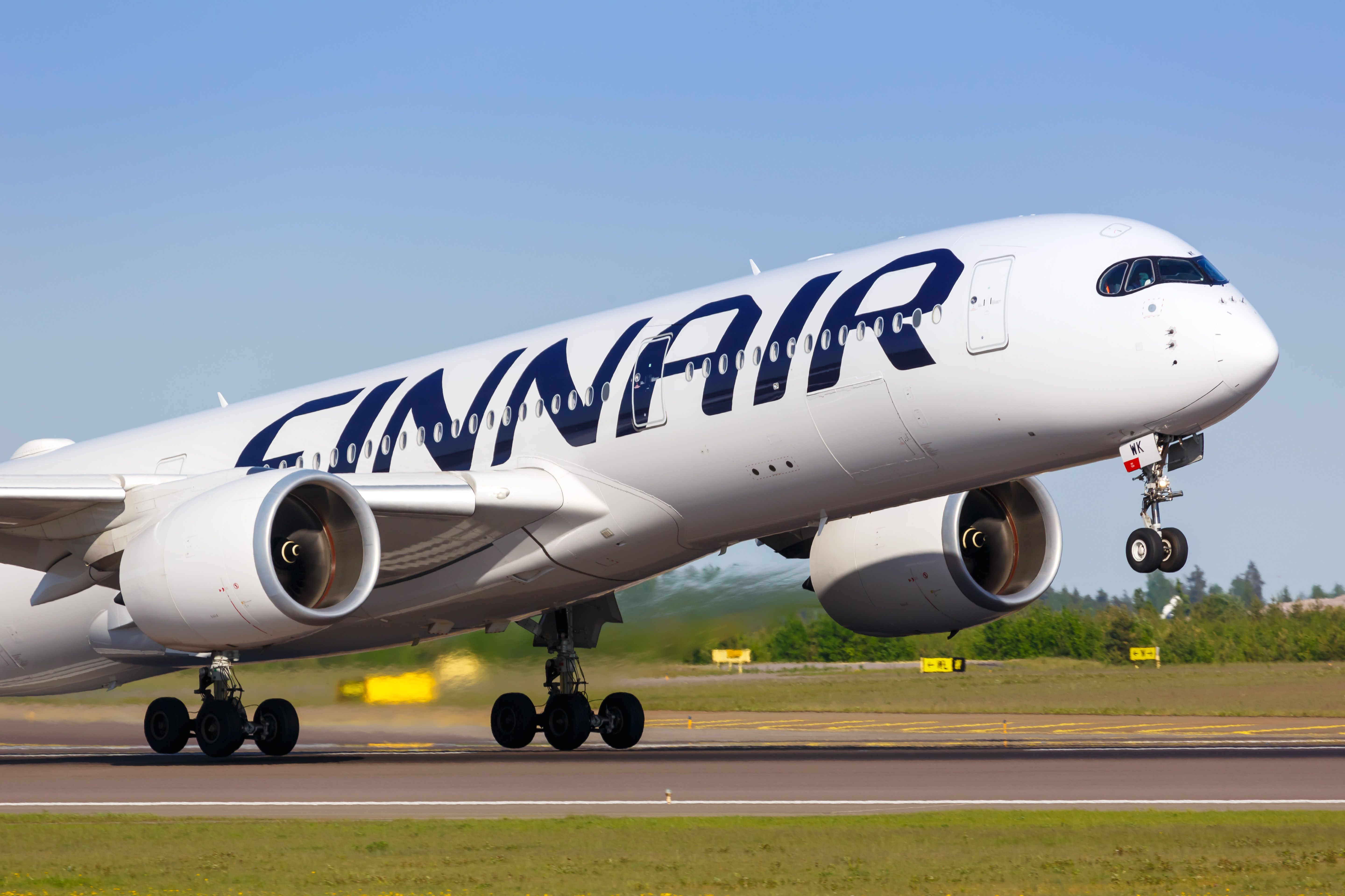 A Finnair Airbus A350-900 just as it takes off.