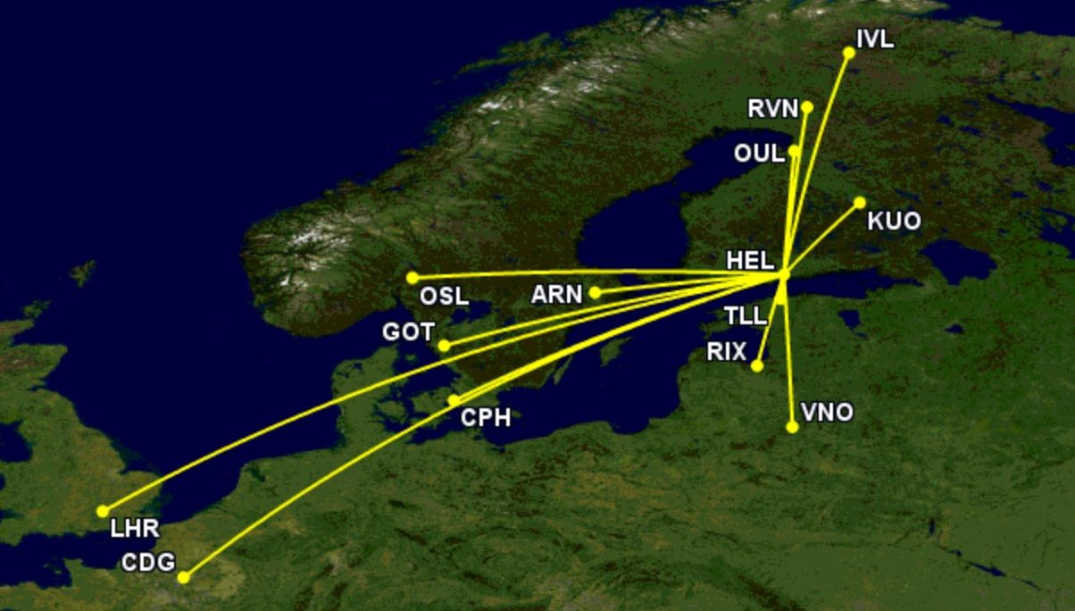 Finnair's routes with 4+ flights on March 20, 2024