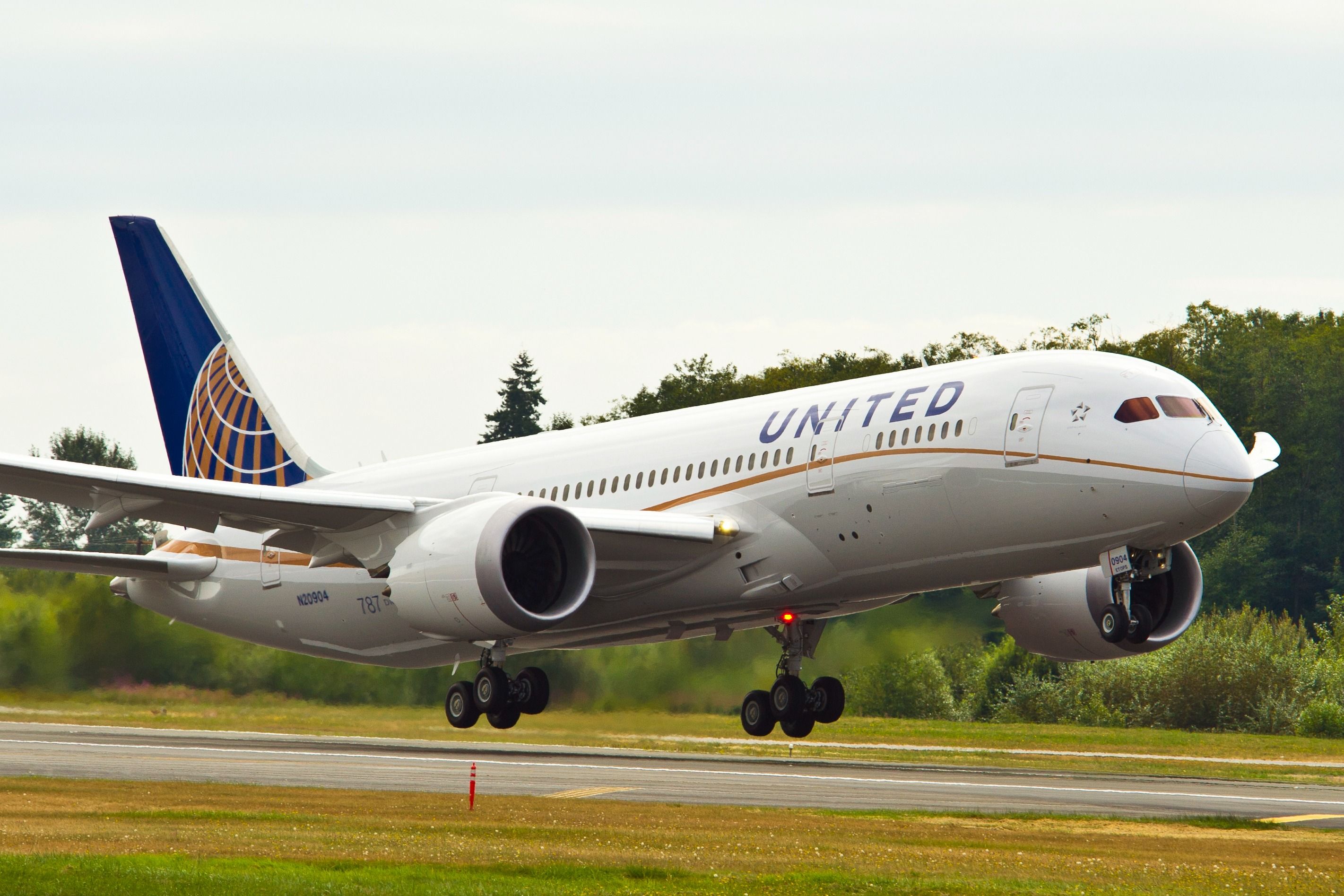 A United Airlines Boeing 787 just above a runway.