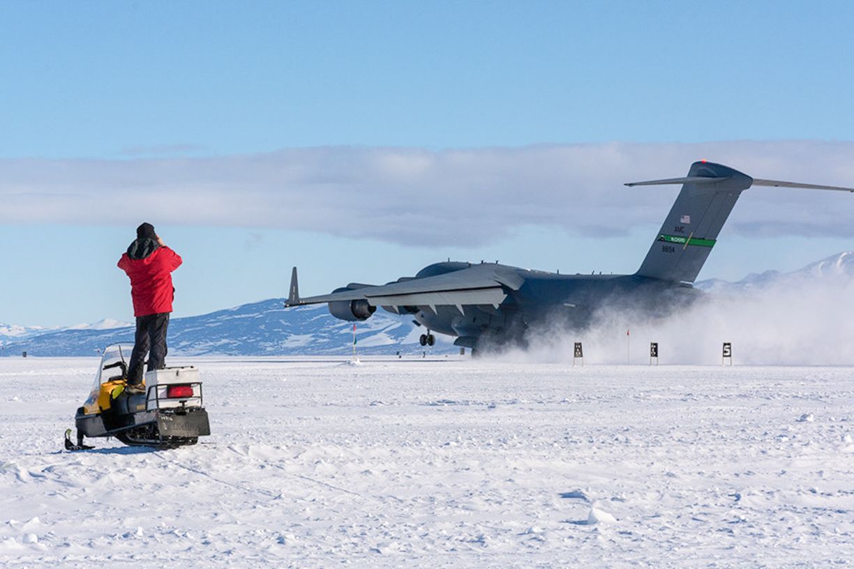 A C-17 landing at Mcmurdo Station in Antarctica.