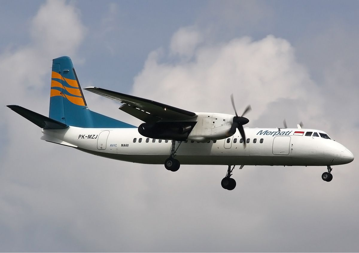 A Merpati Nusantara Airlines Xian MA60 about to land.