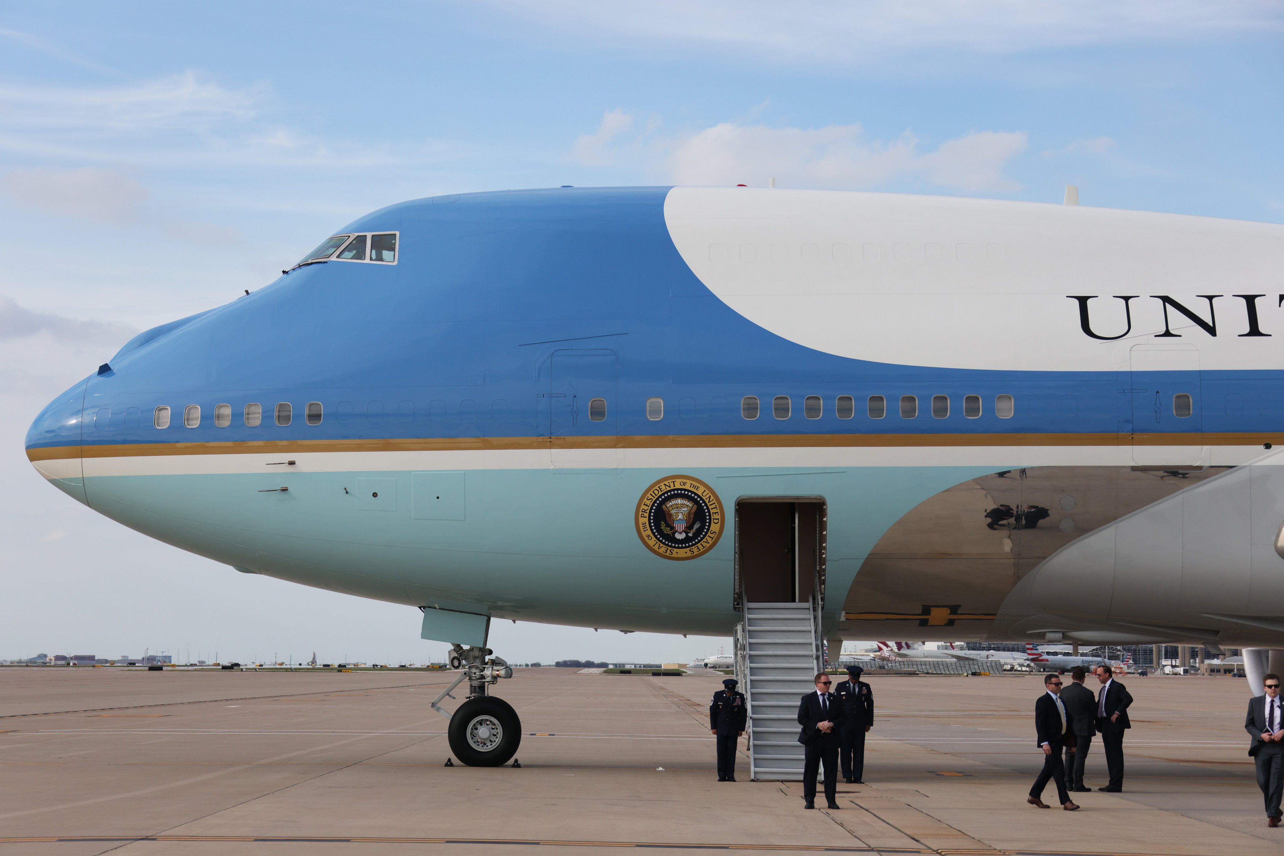 Air Force One closeup with the door open and stairs deployed