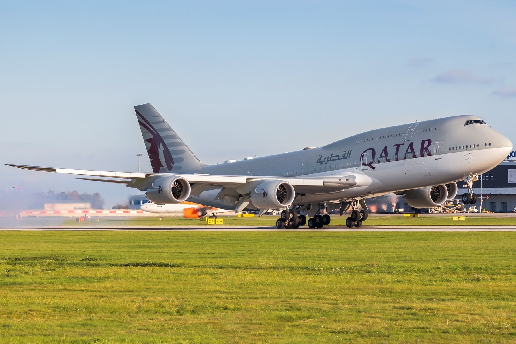 A Qatar Amiri Flight BBJ Boeing 747-8 departing Prague Airport.