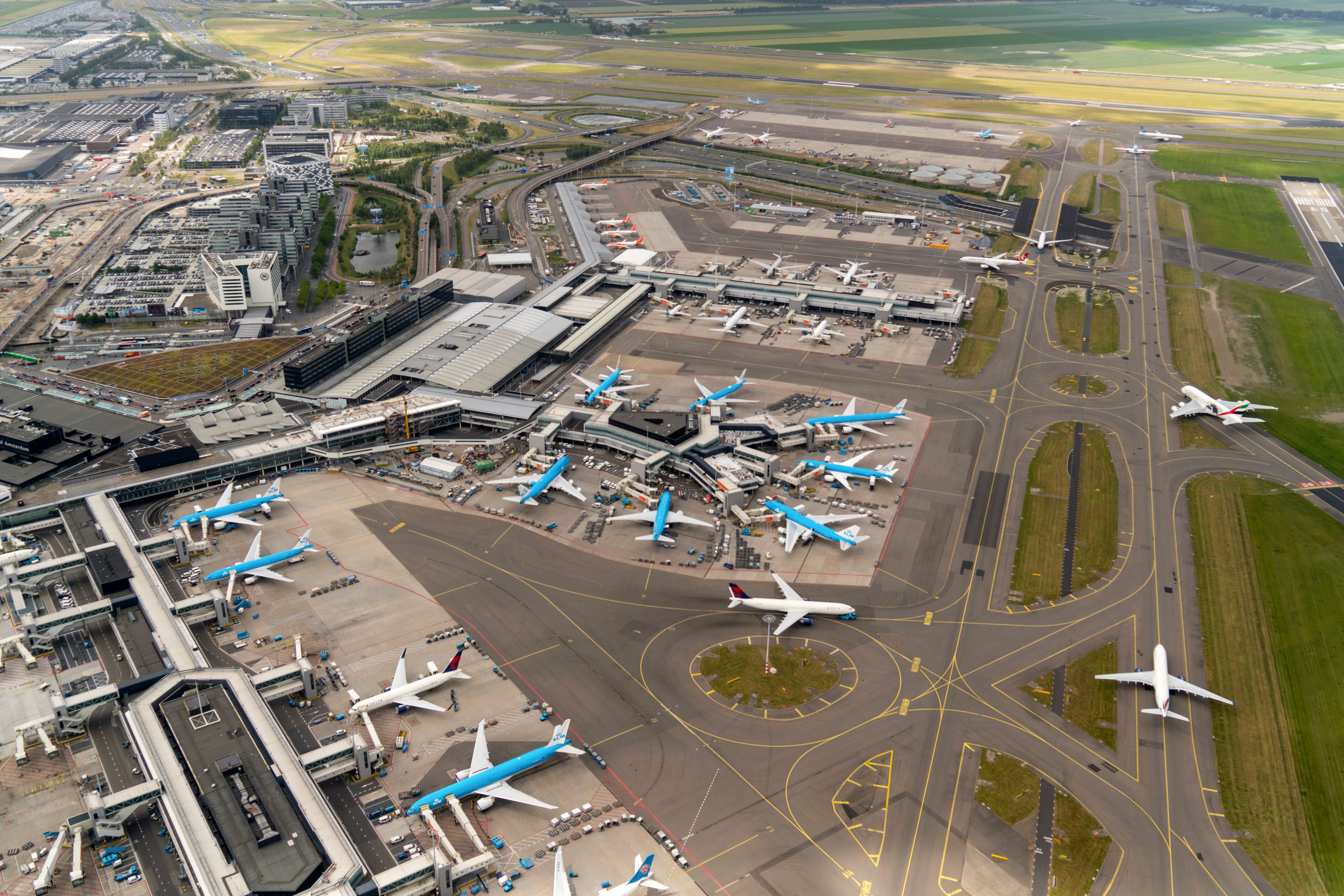 Airview of Amsterdam's busy Schiphol Airport