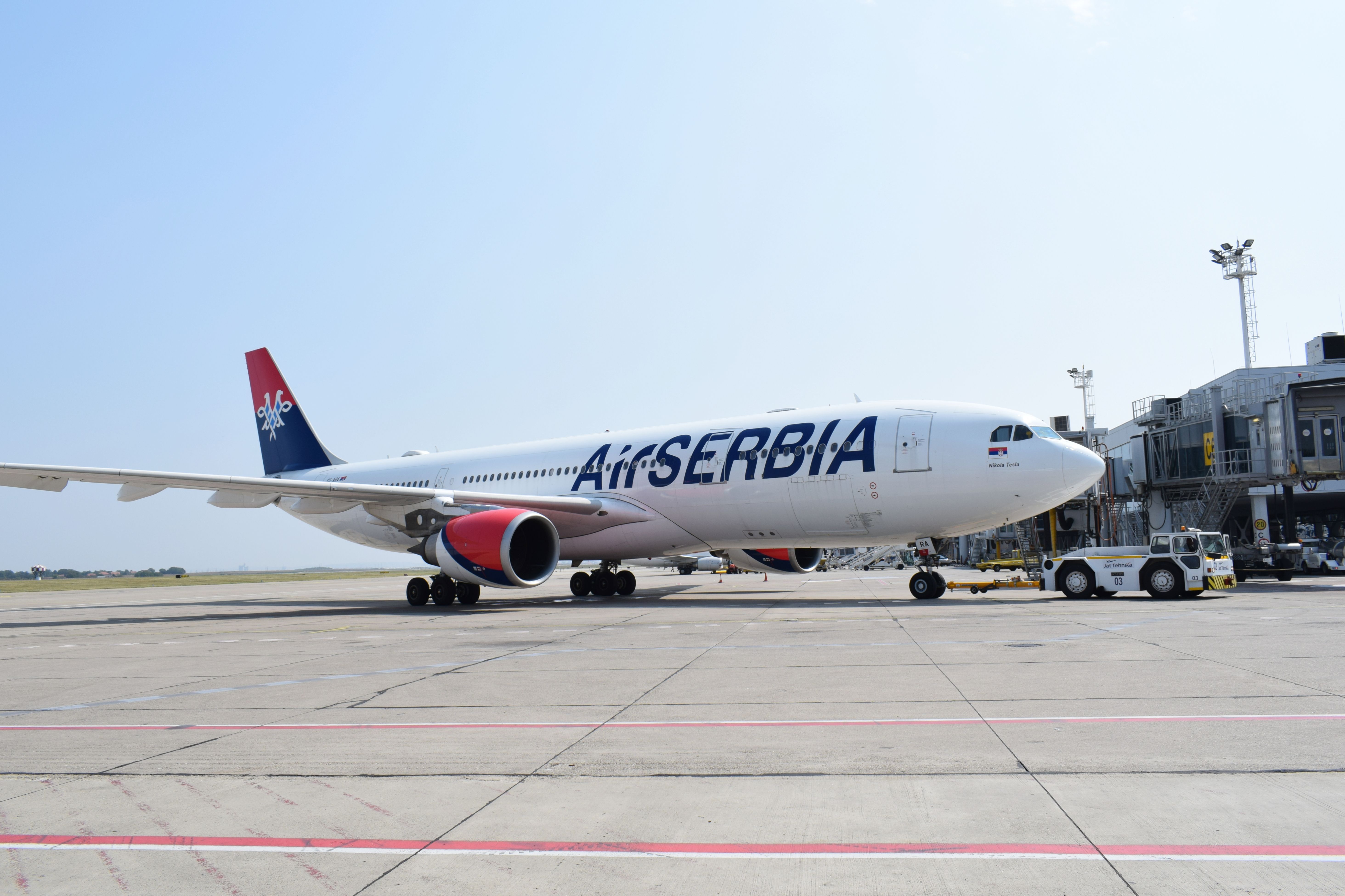 An Air Serbia aircraft parked at Belgrade Airport