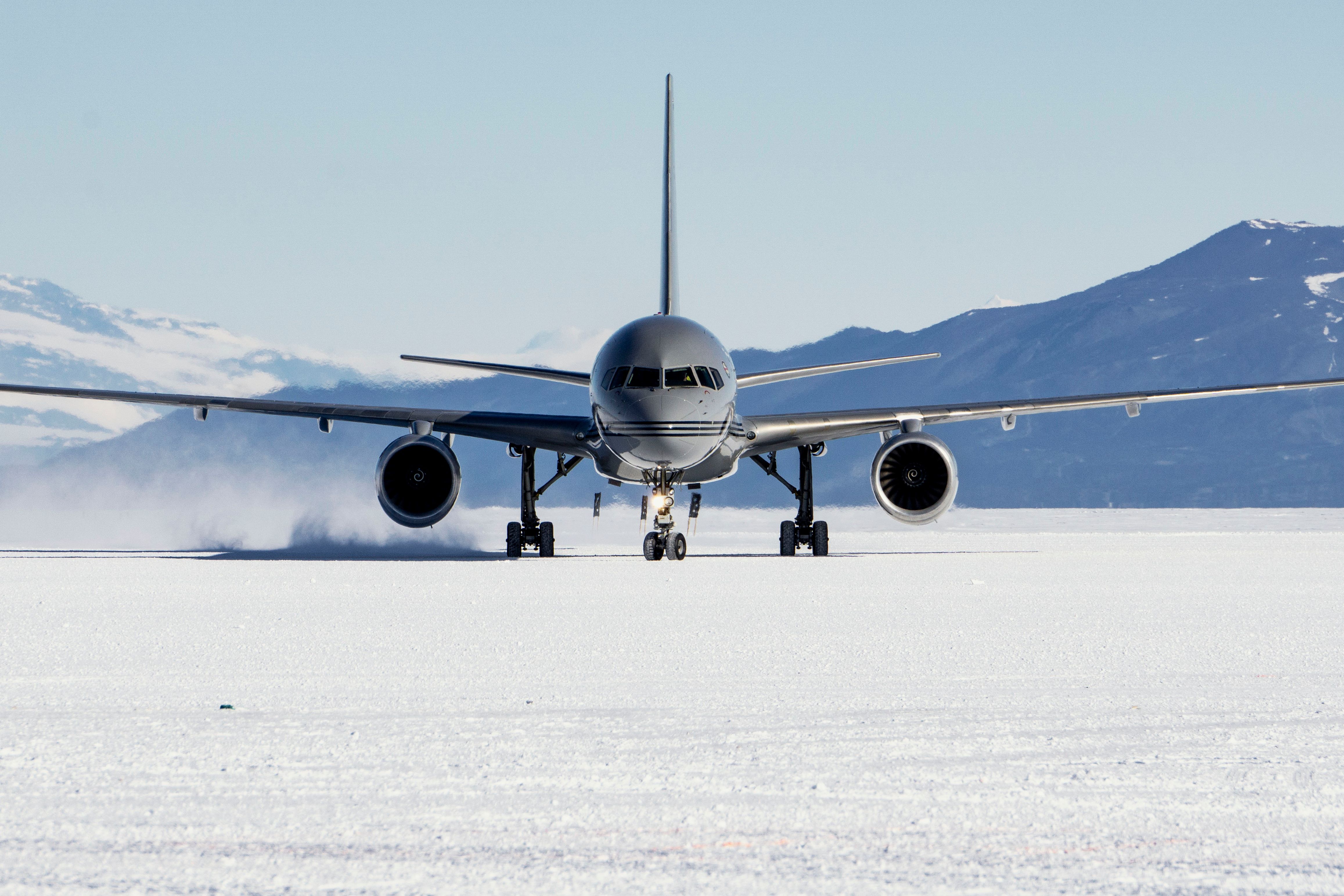 An aircraft landing in Antarctica.