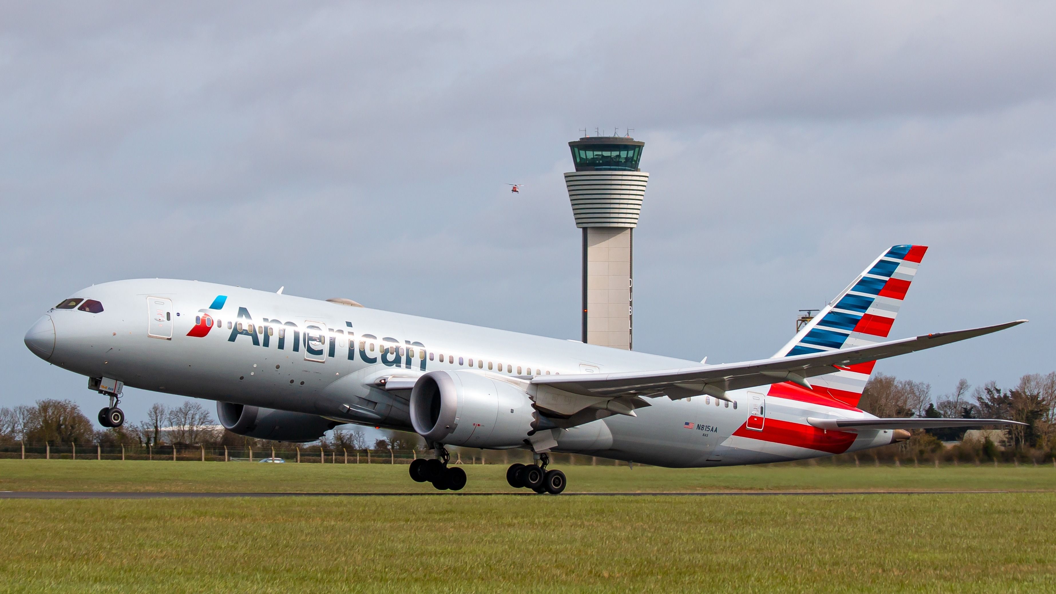 American Airlines Boeing 787-8 taking off in Dublin, Ireland.