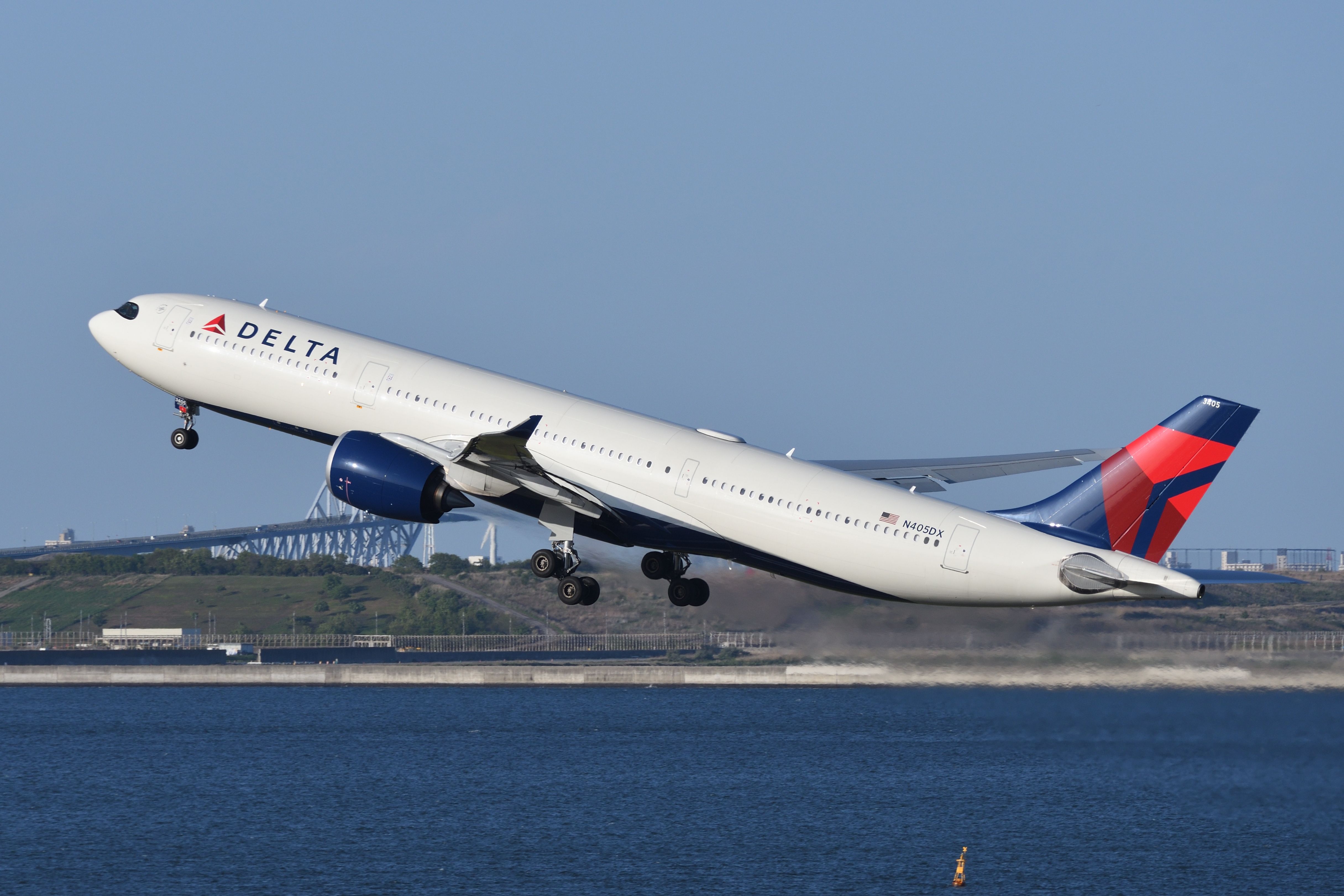 Delta Air Lines Airbus A330-900neo (N405DX) taking off from Tokyo, Japan.