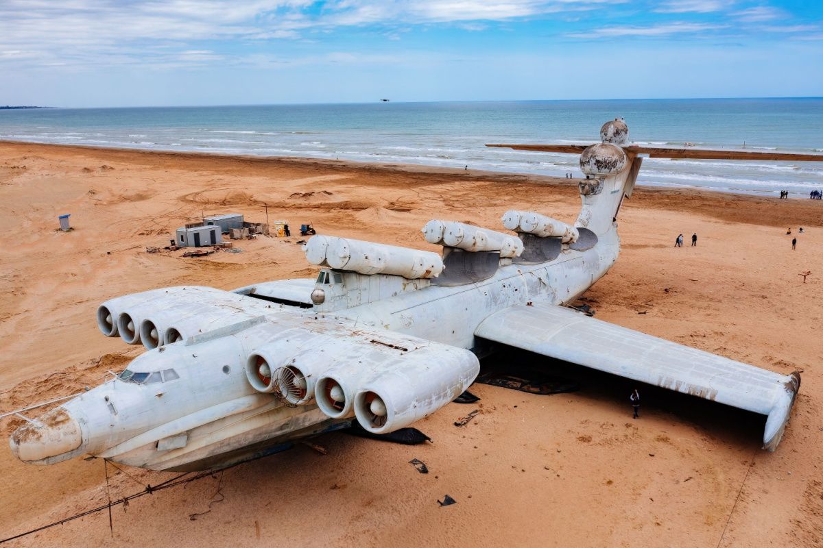 The Soviet Lun-class ekranoplan abandoned on a beach.