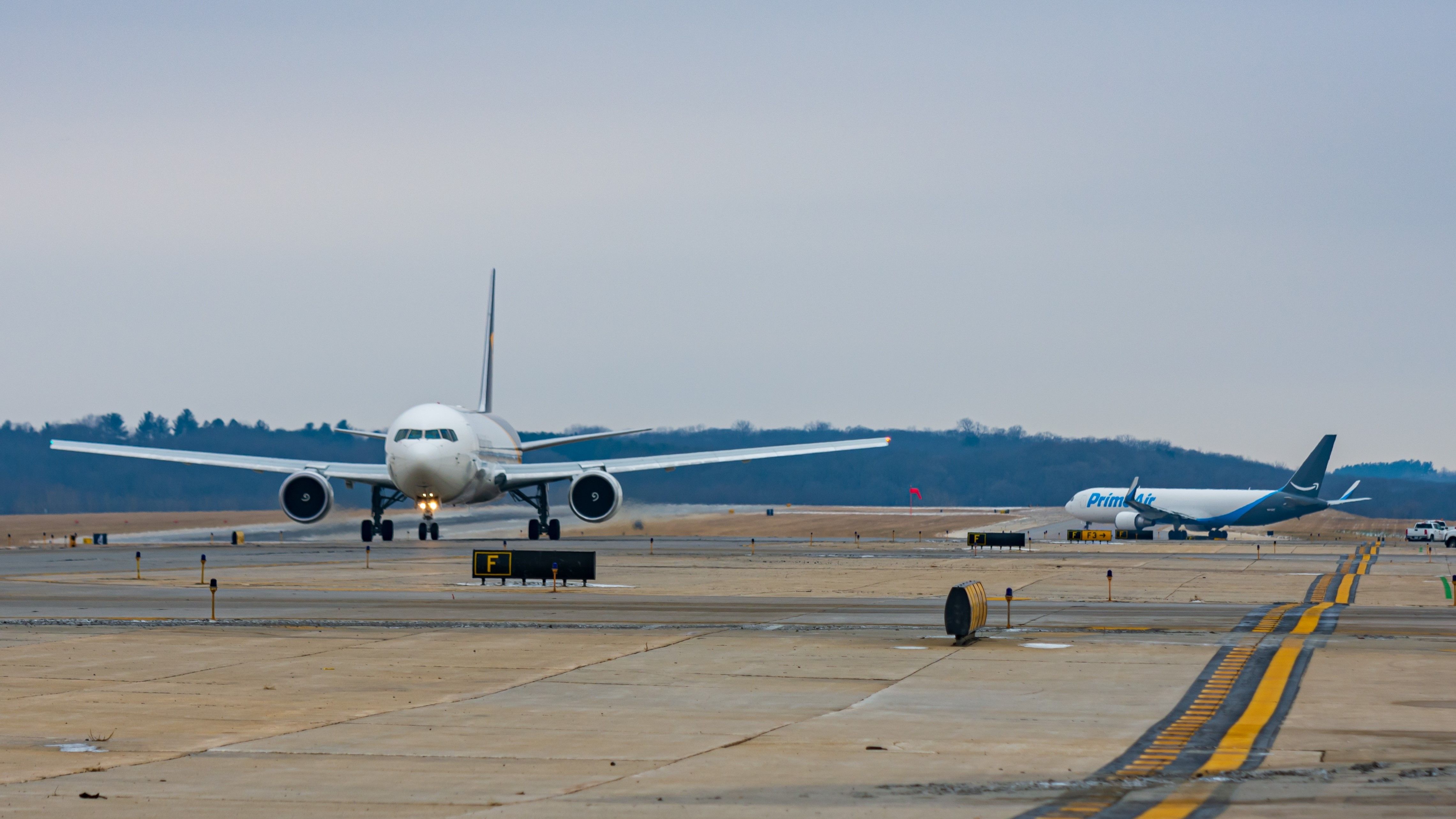 UPS & Amazon Prime Air Boeing 767s on the apron At Chicago Rockford Airport.