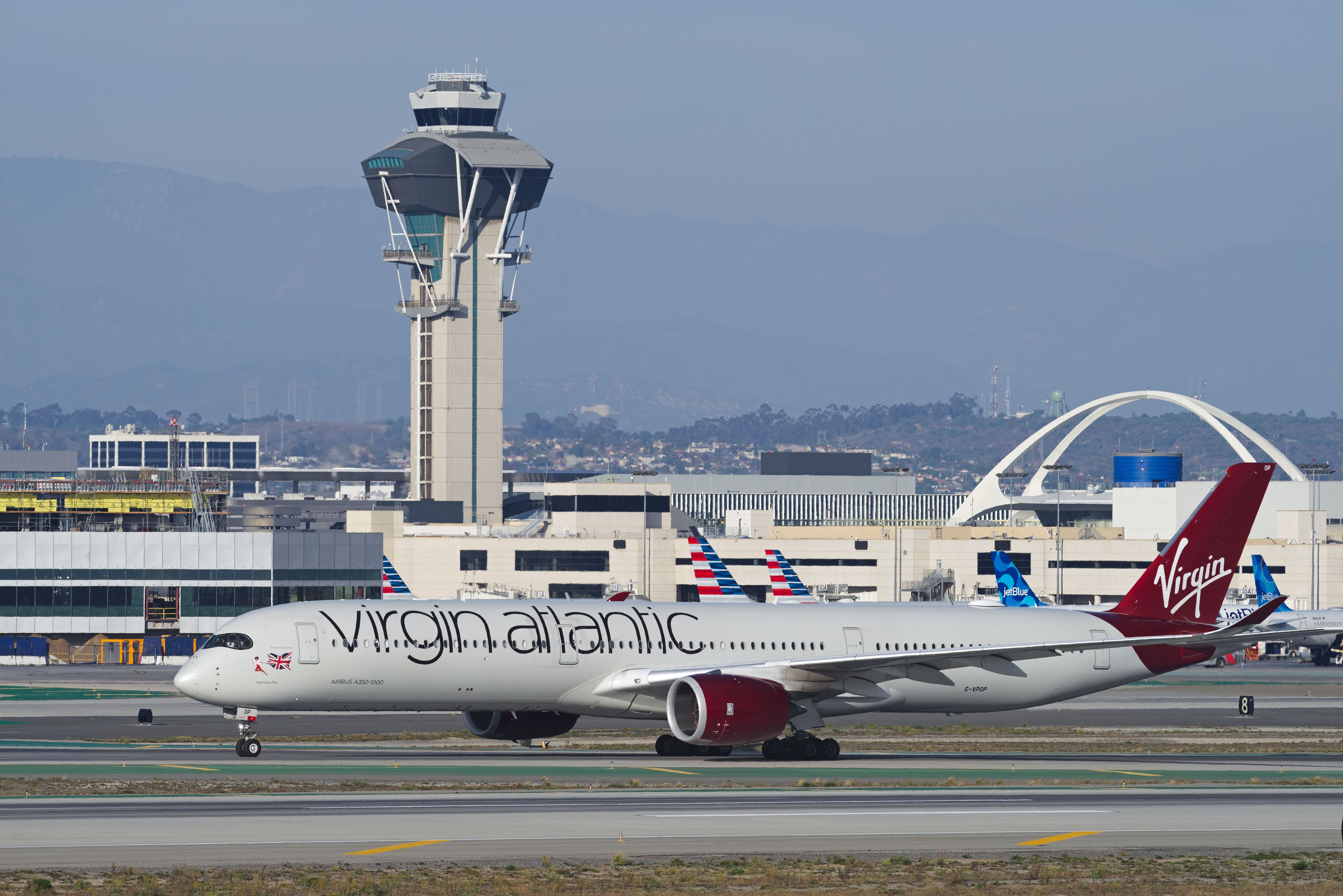 A Virgin Atlantic Airbus A350-1000 on the apron at Los Angeles International Airport.