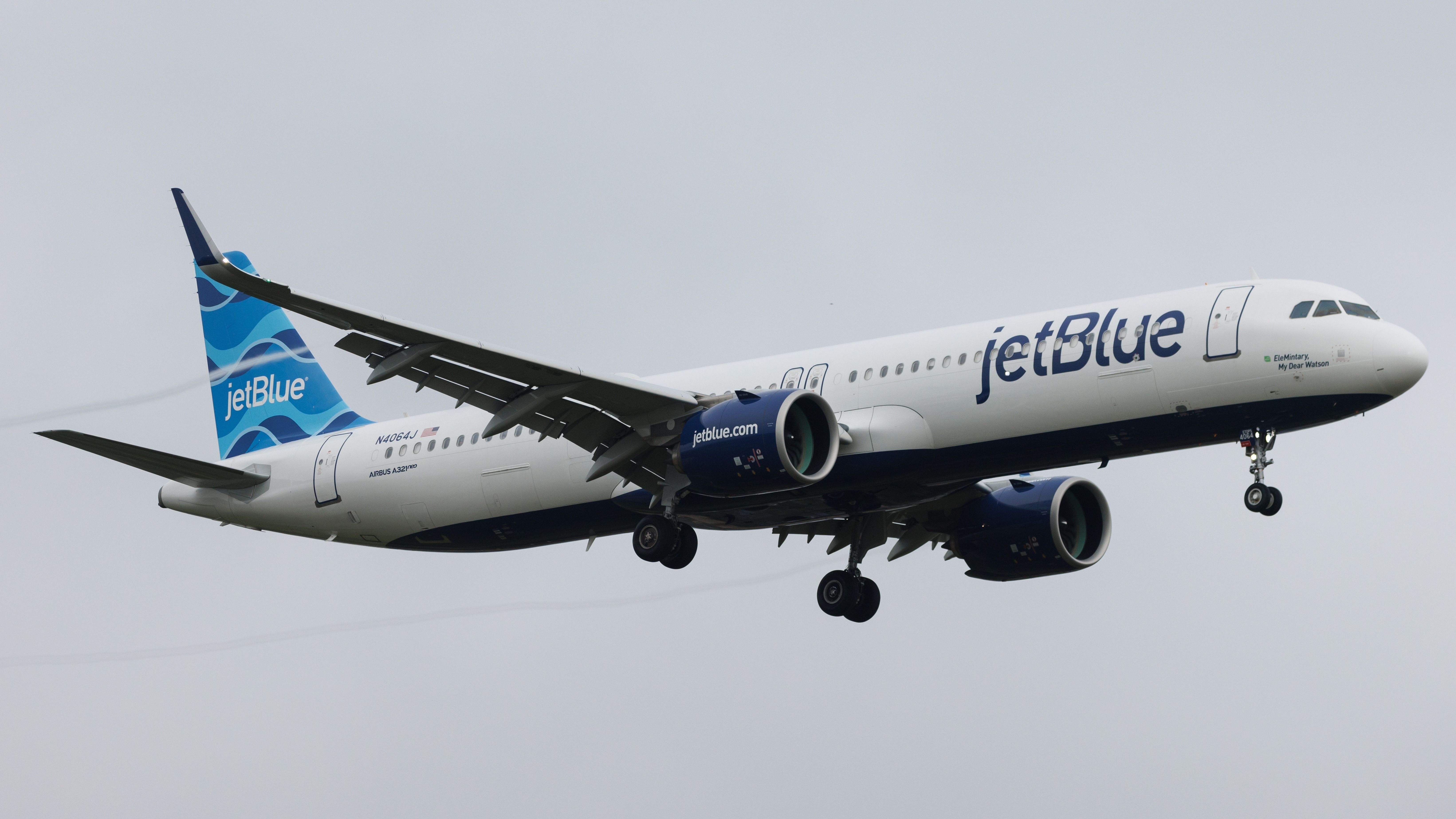 JetBlue Airways Airbus A321neo landing at Heathrow Airport.