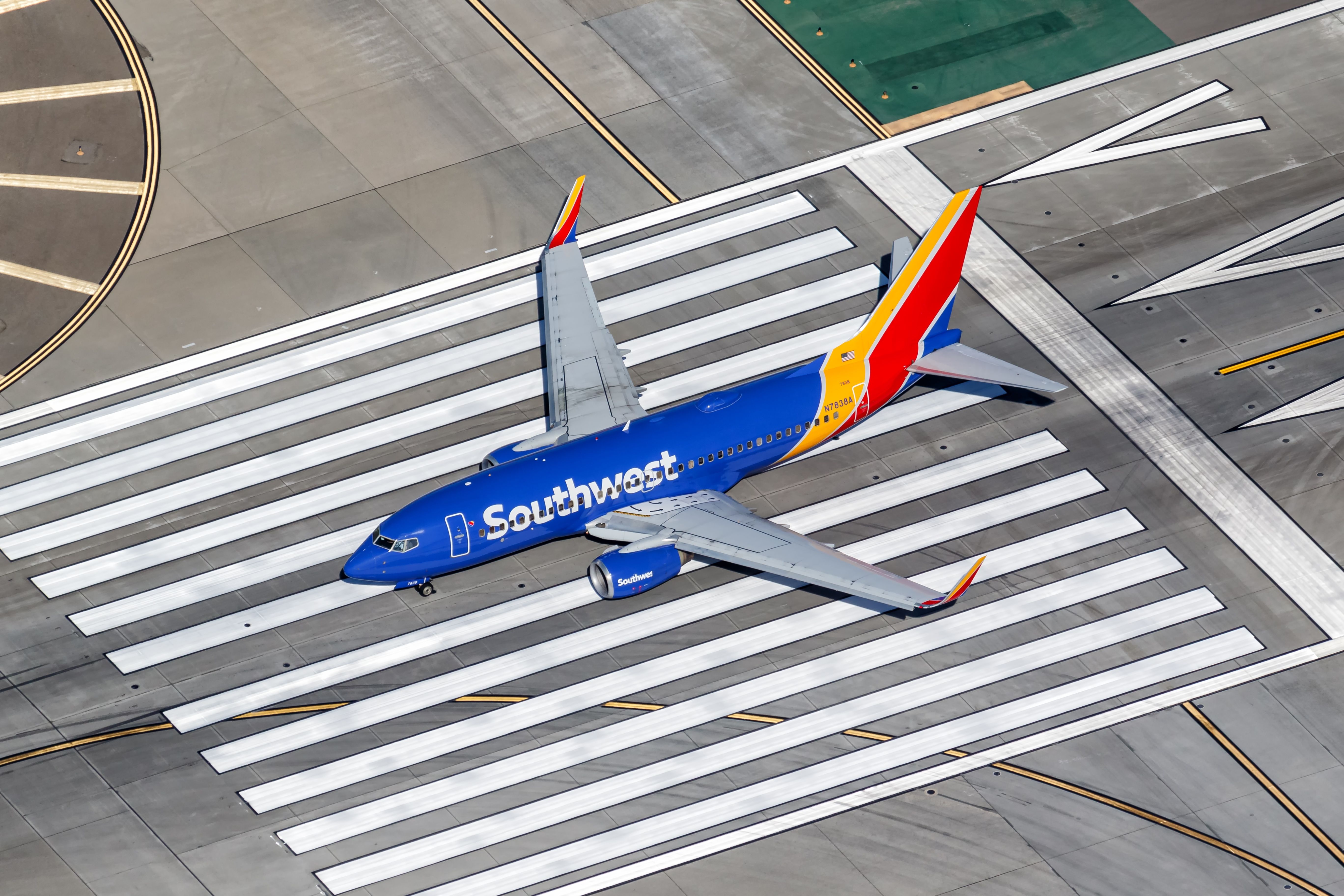 A Southwest Airlines Boeing 737-700 on an airport apron.