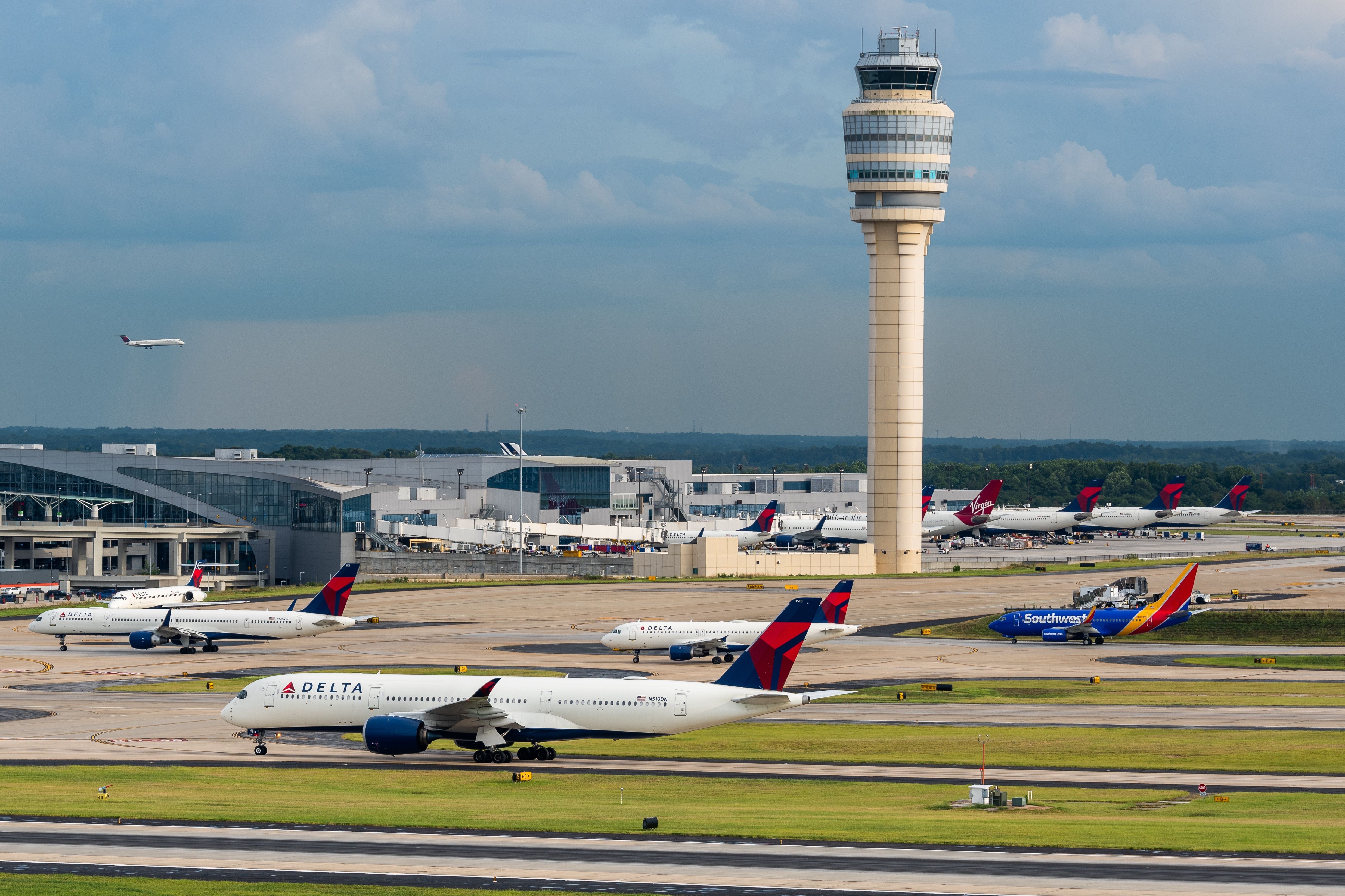 A panoramic view of the apron at Hartsfield-Jackson Atlanta International Airport.