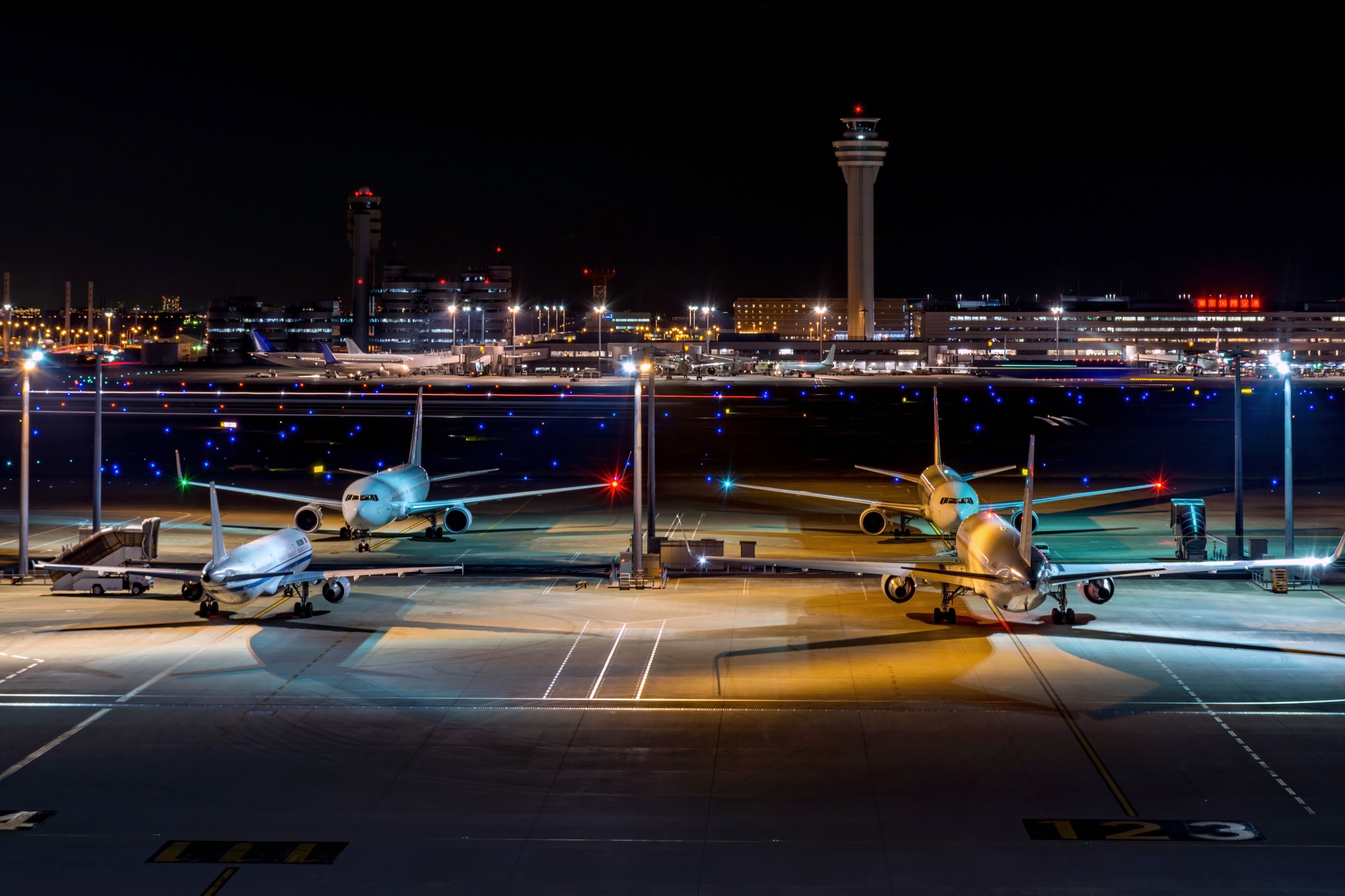 An airport at night