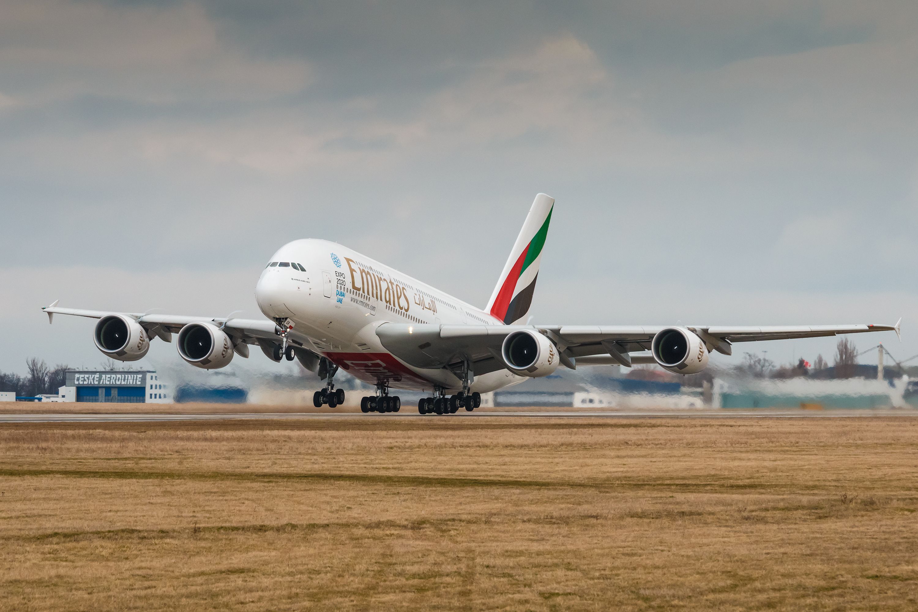 Emirates Airbus A380 departing from Prague.