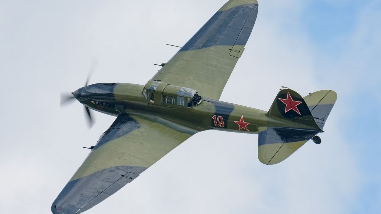 Restored Ilyushin Il-2 - WWII era USSR ground attack aircraft demonstration flight at MAKS-2017 airshow