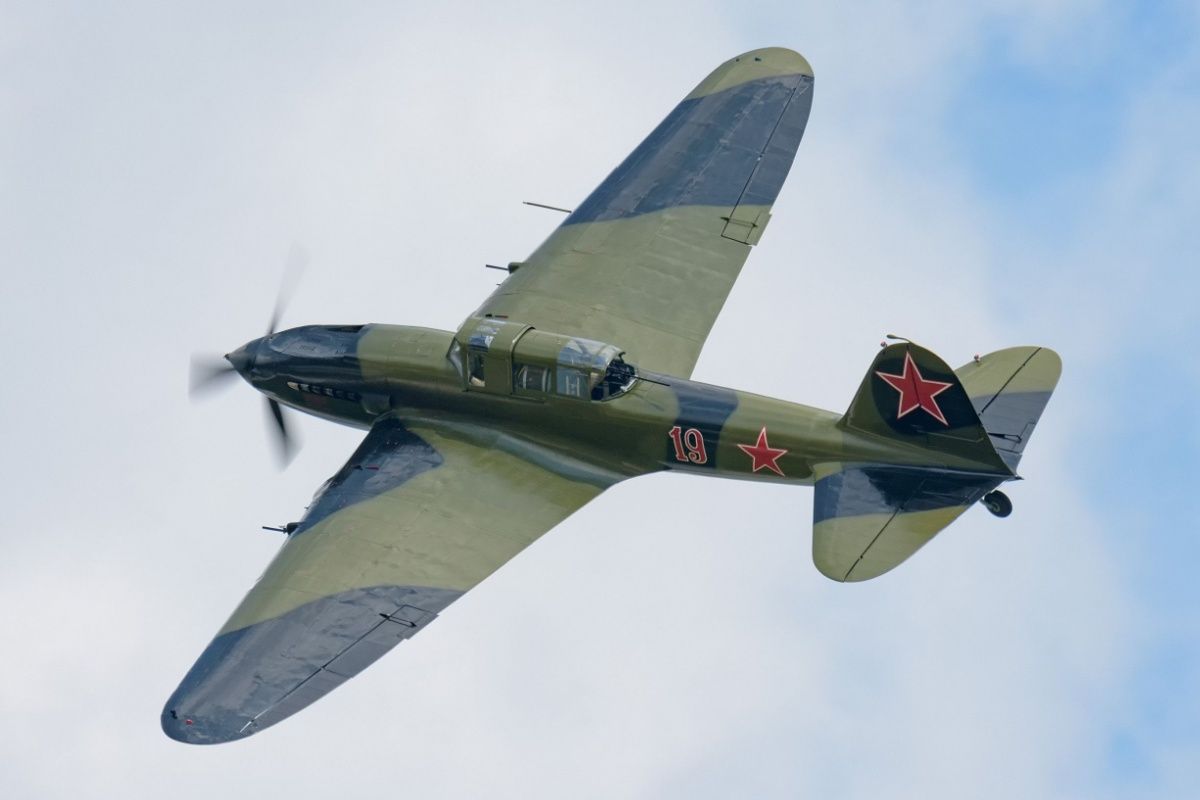 Restored Ilyushin Il-2 - WWII era USSR ground attack aircraft demonstration flight at MAKS-2017 airshow