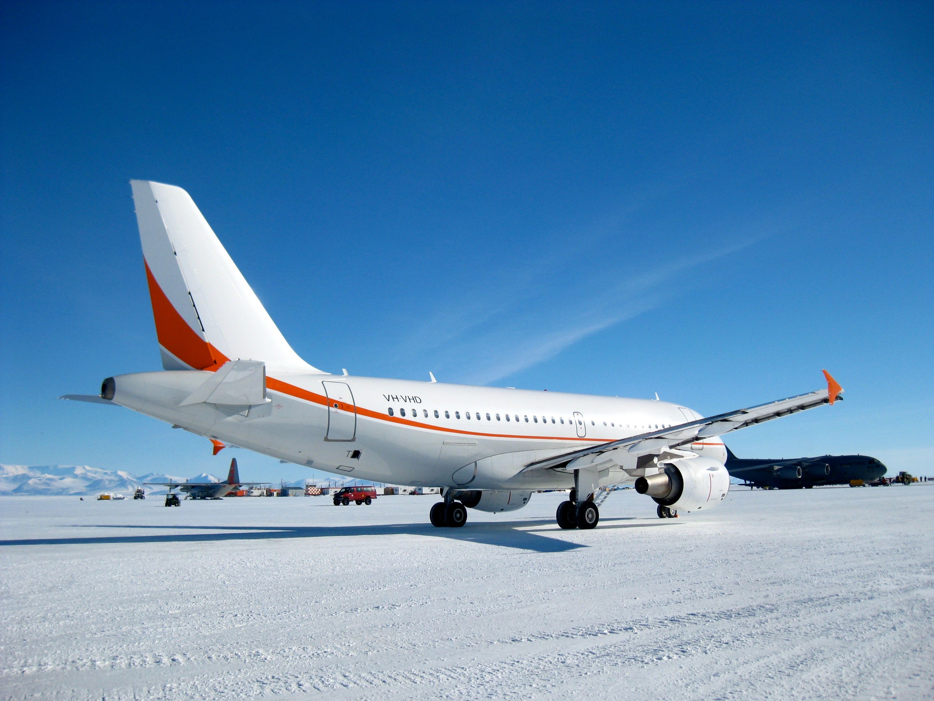 A Skytraders Airbus A319 on the ground in Antarctica.
