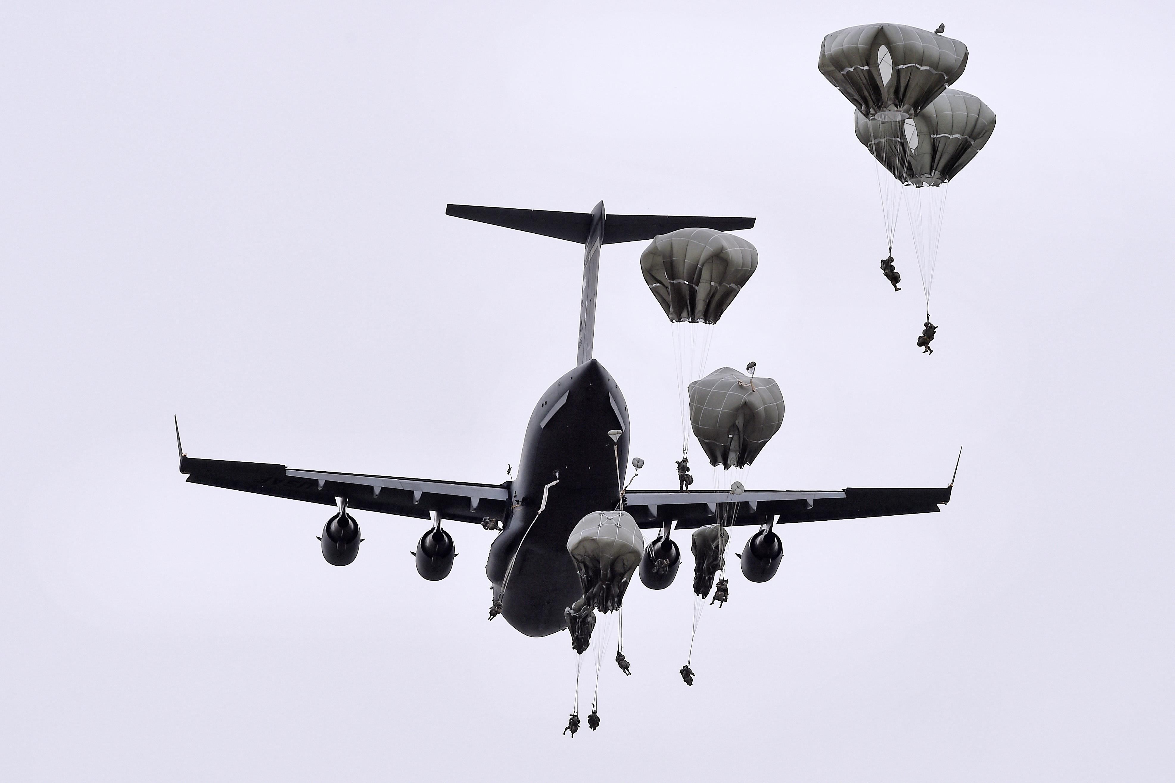 Paratrooper jumping from a C-17 Globemaster